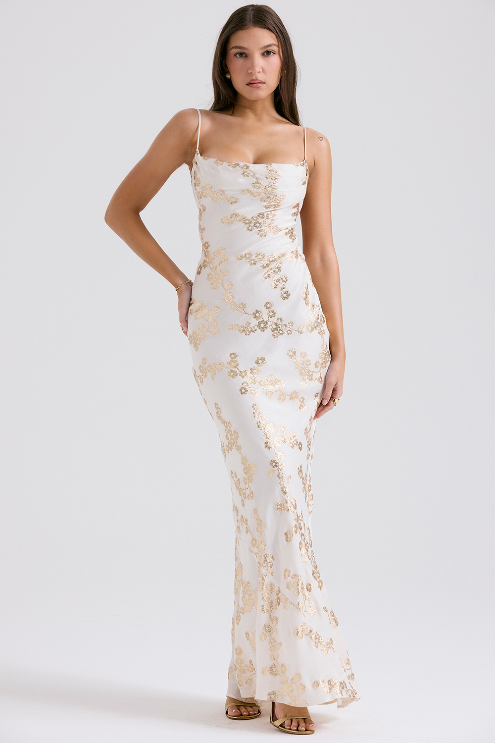 Capriana White & Gold Jacquard Satin Gown - luluinthesky
