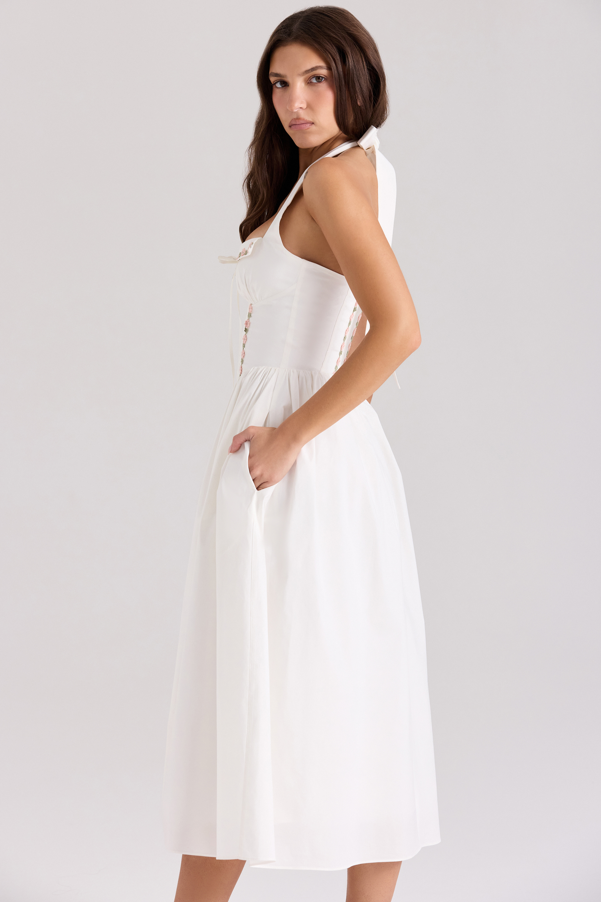 Emilia White Cotton Halter Neck Midi Dress - luluinthesky