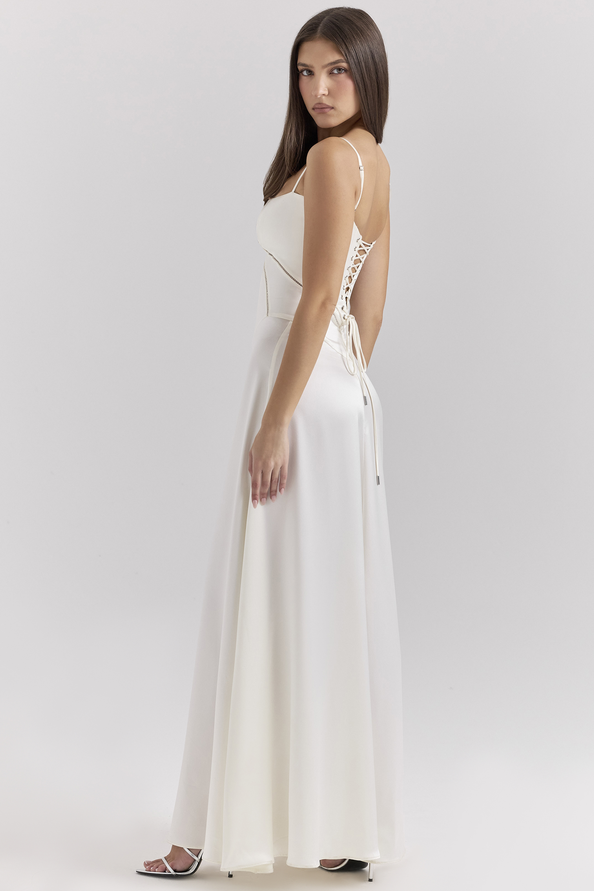 Anabella Ivory Satin Lace Up Maxi Dress - luluinthesky