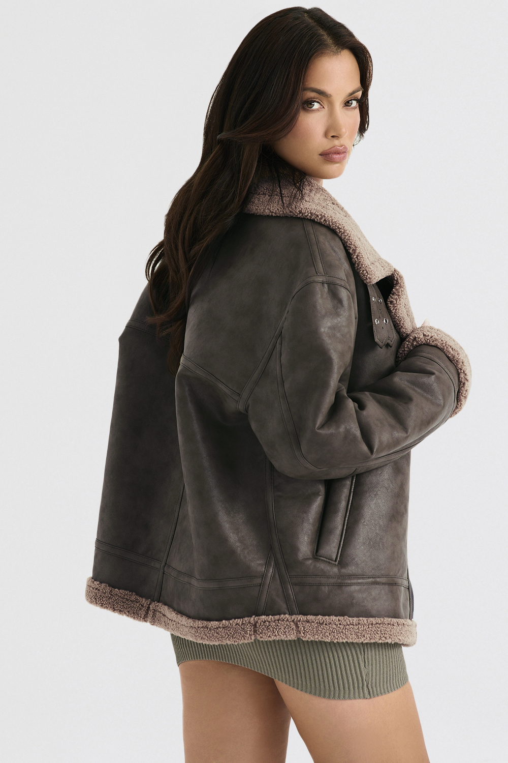 Madden Army Green Vegan Shearling Aviator Jacket - luluinthesky