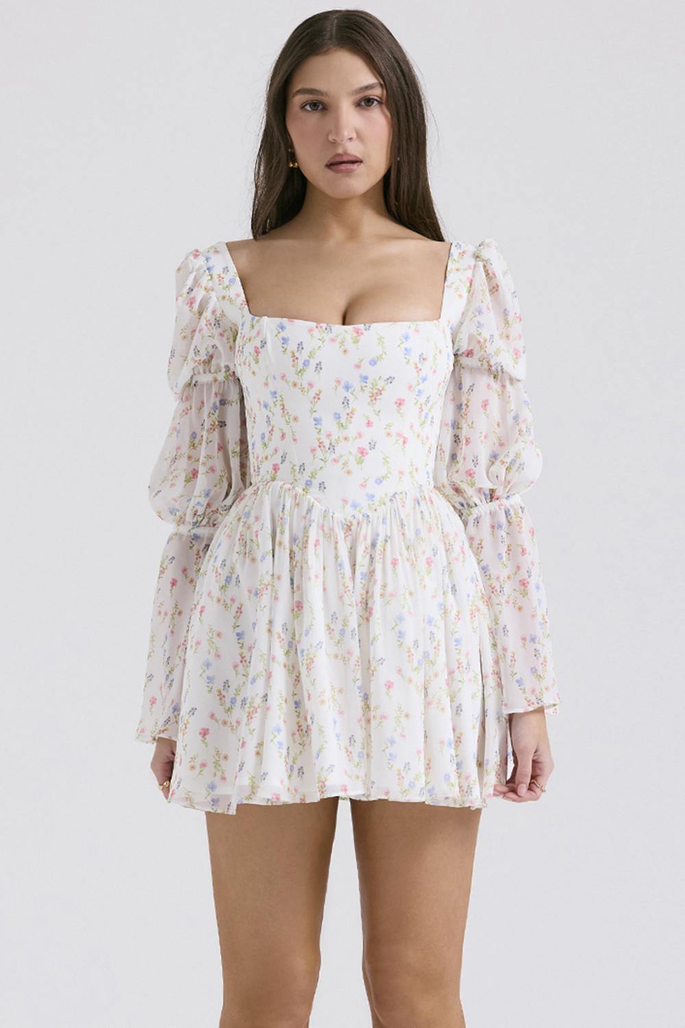 Sancia White Posy Print Puff Sleeve Mini Dress - luluinthesky