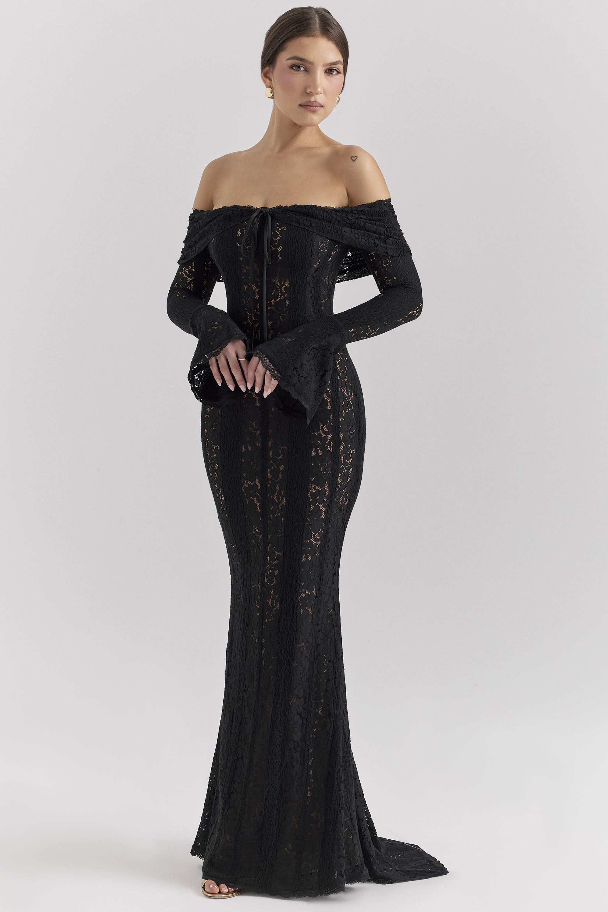 Belle Black Off Shoulder Floral Lace Maxi Dress - luluinthesky