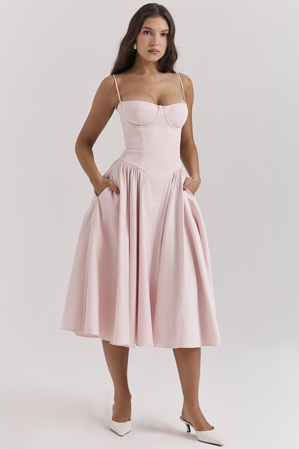 Samaria Ballerina Pink Twill Corset Midi Dress - luluinthesky