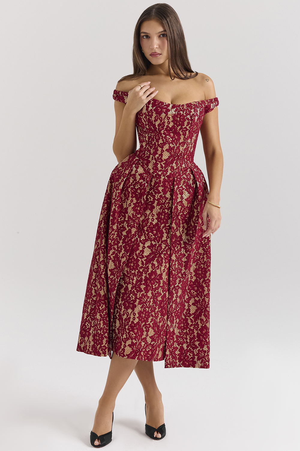 Charming Gold and Berry Lace Midi Off Shoulder Dress - luluinthesky