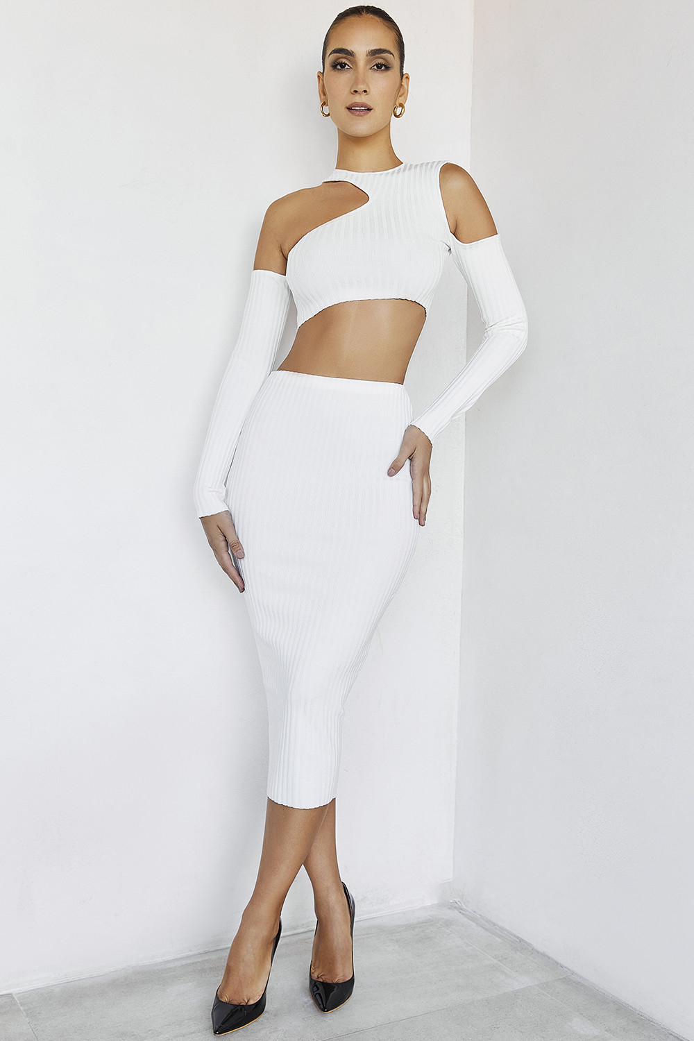 SkylineMistress Rocks  White Ribbed Bandage Midi Skirt - SALE - luluinthesky