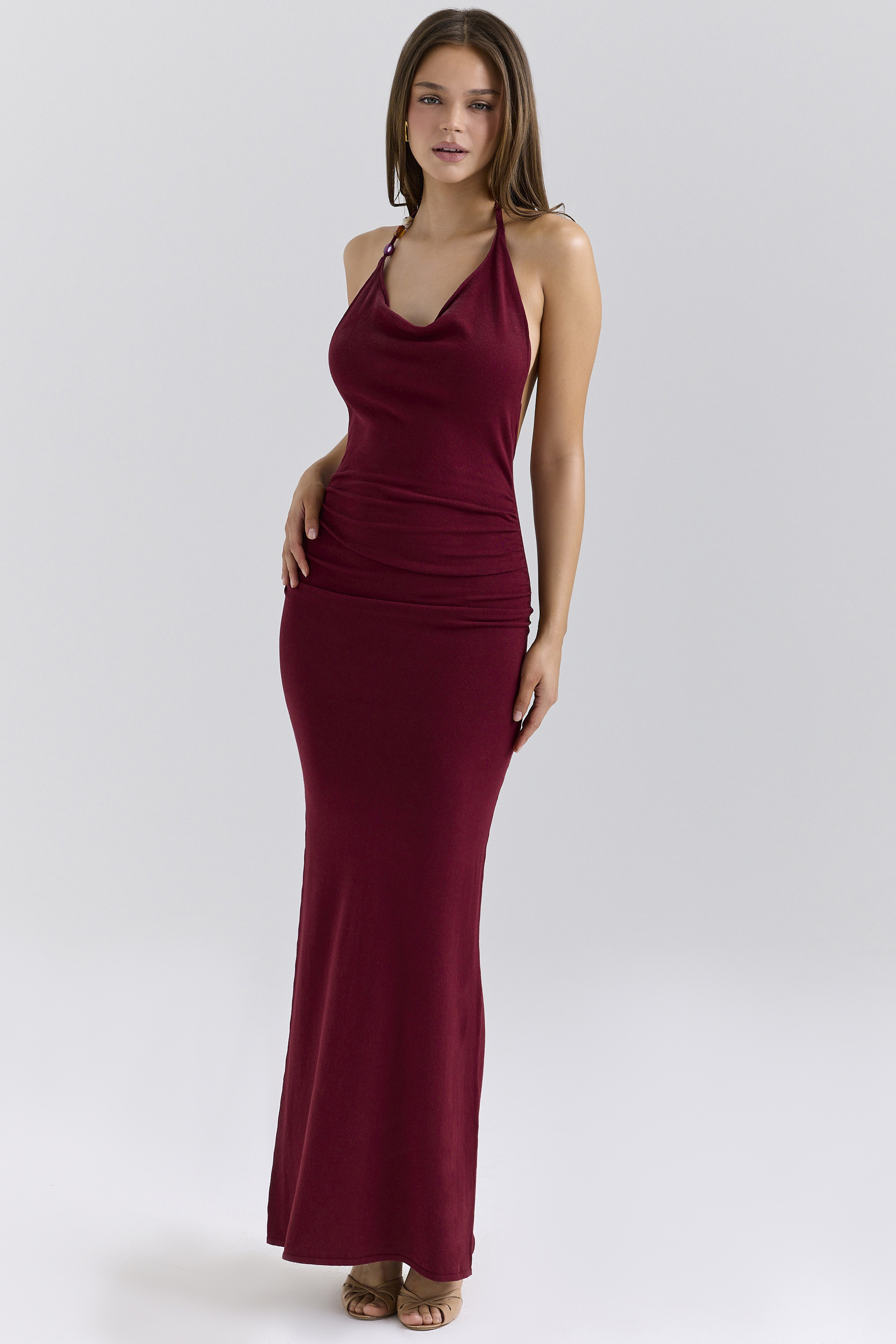 Thalina Wine Draped Halter Neck Maxi Dress - luluinthesky