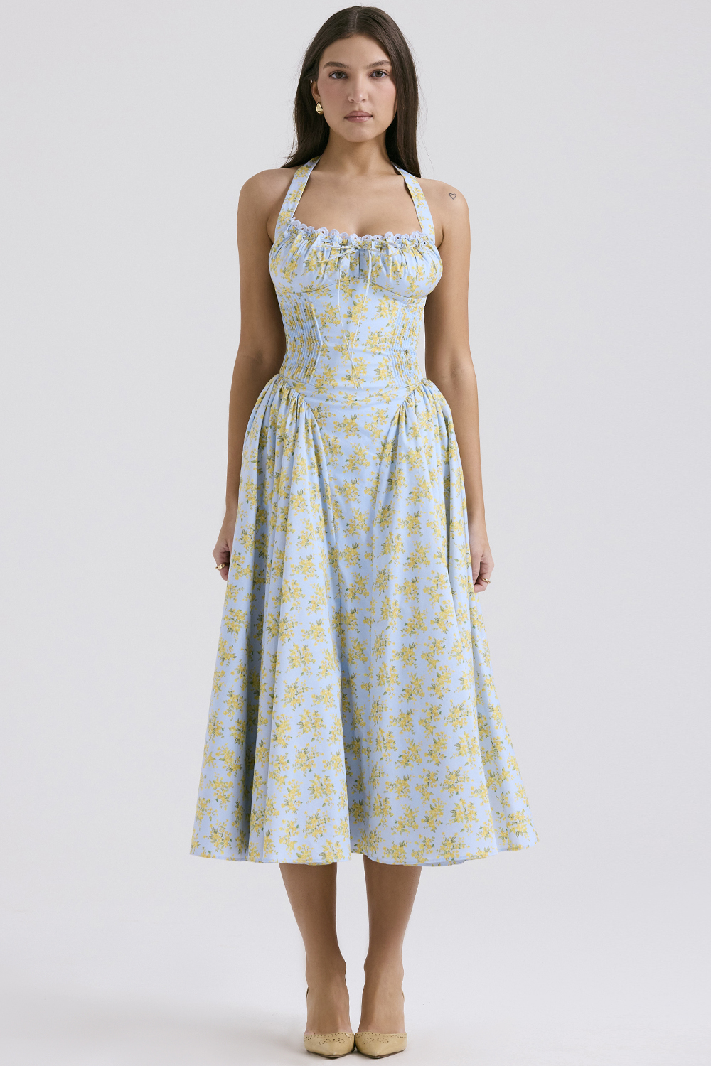 Adabella Soft Blue Vintage Floral Print Cotton Halter Sundress - luluinthesky