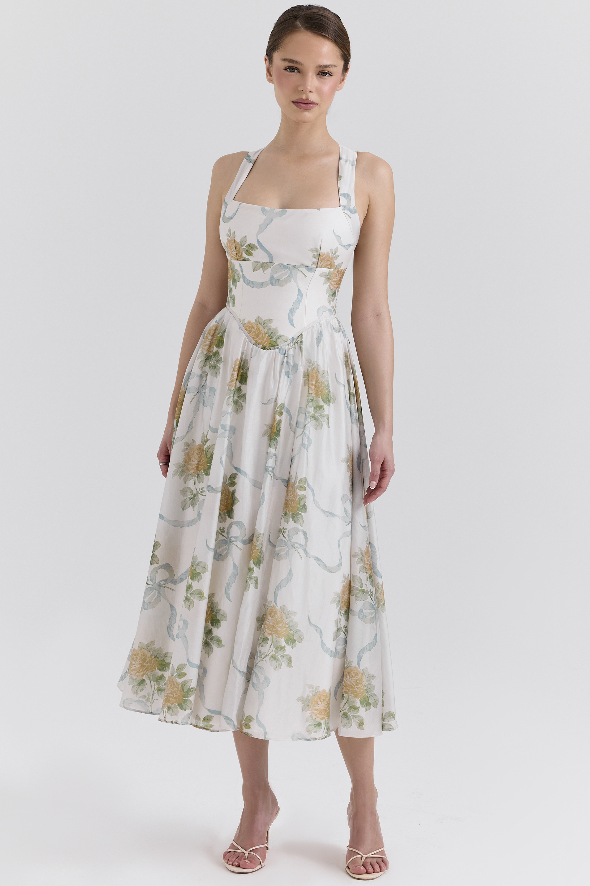 Minerva Soft Blue Vintage Ribbon Print Chiffon Midi Dress - luluinthesky