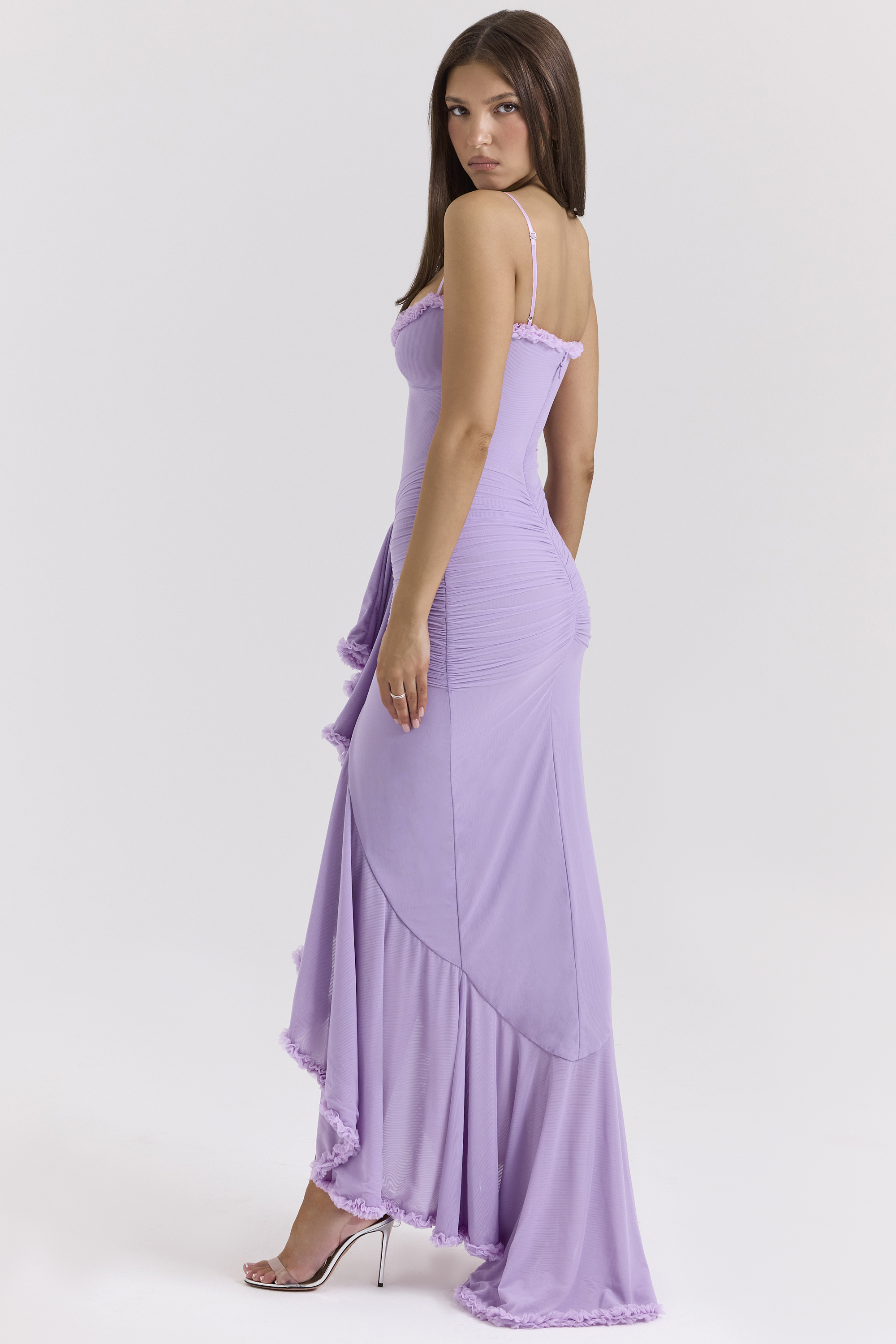 Gabbi Orchid Mesh Ruffled Front Gown - luluinthesky