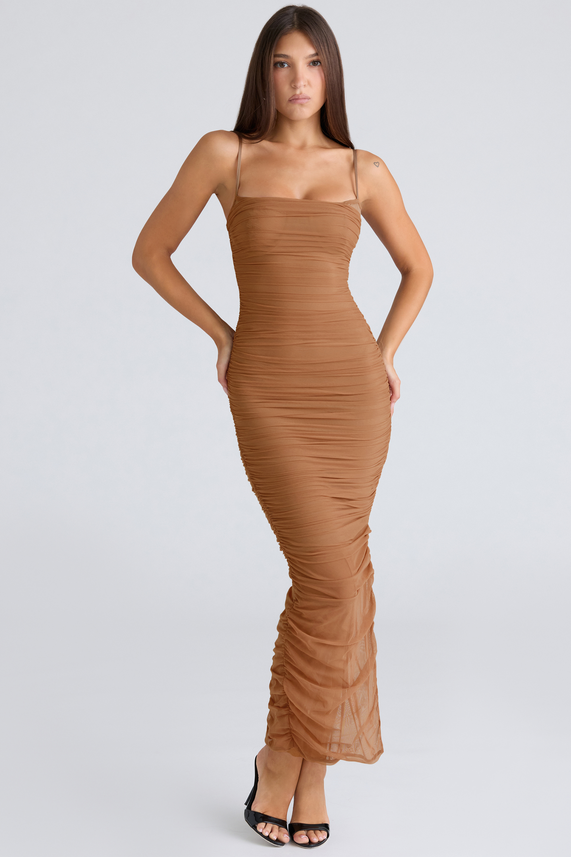 Fornarina Tan Gathered Stretch Mesh Maxi Dress - luluinthesky