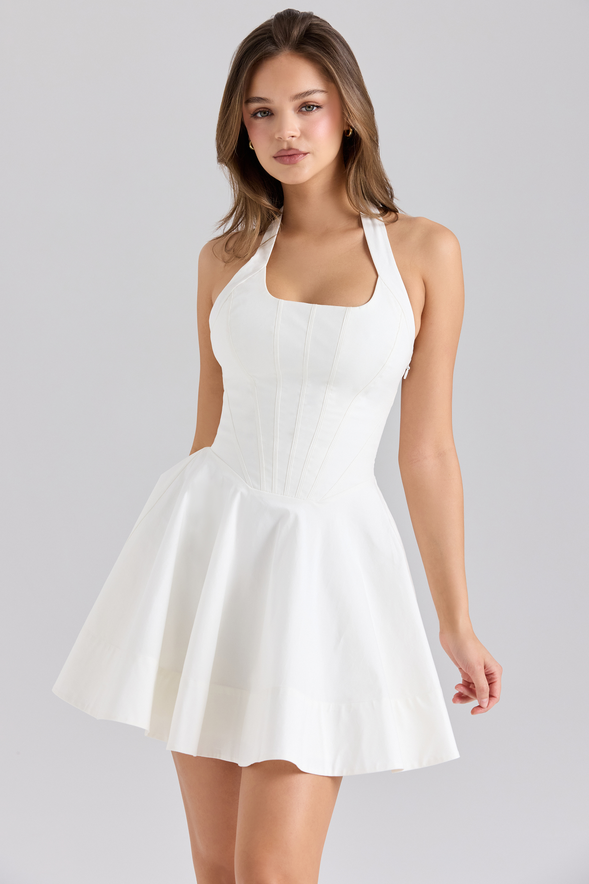 Sasha White Stretch Cotton Halter Neck Mini Dress - luluinthesky