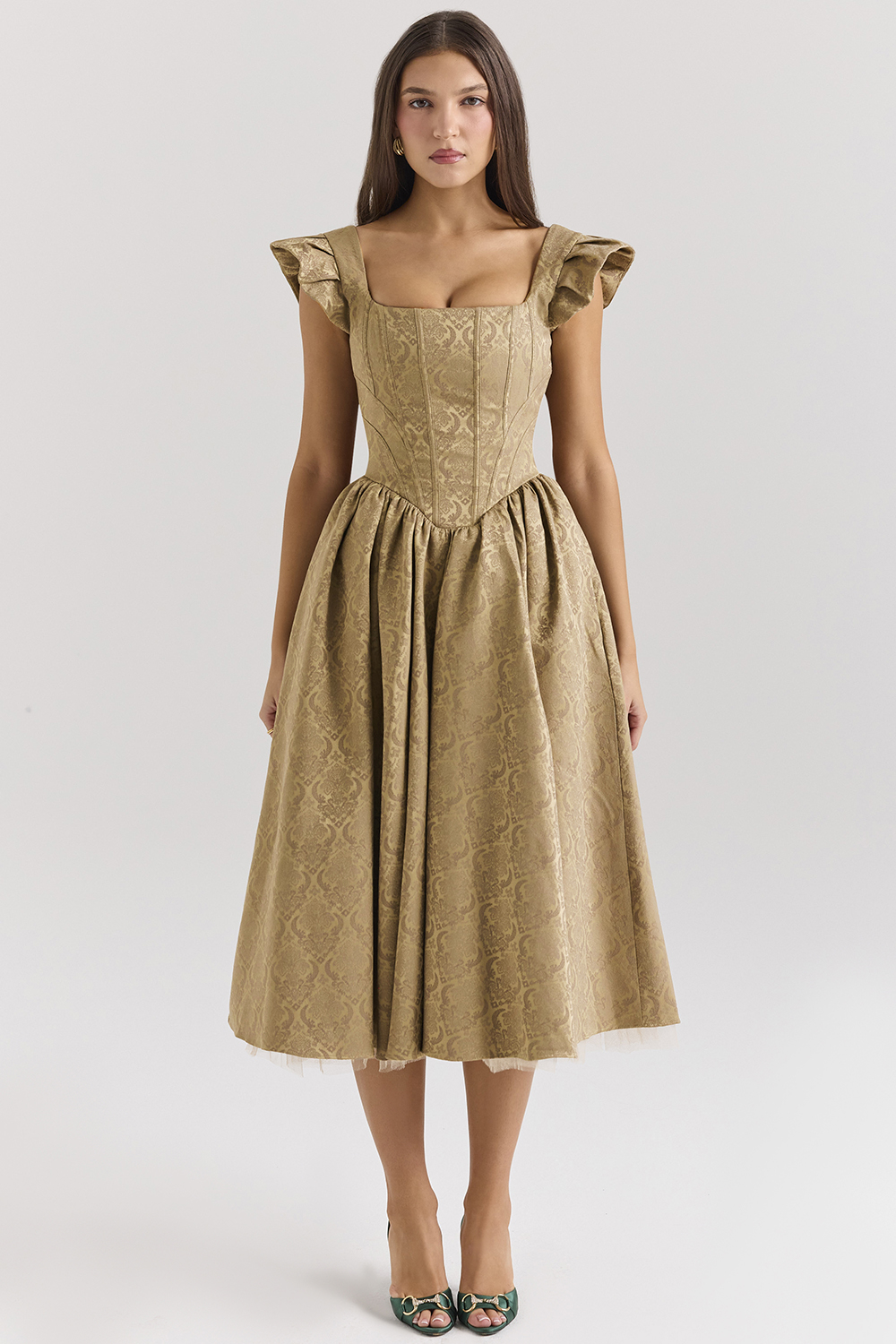 Alessandra Gold Jacquard Midi Dress with Detachable Bow - SALE - luluinthesky