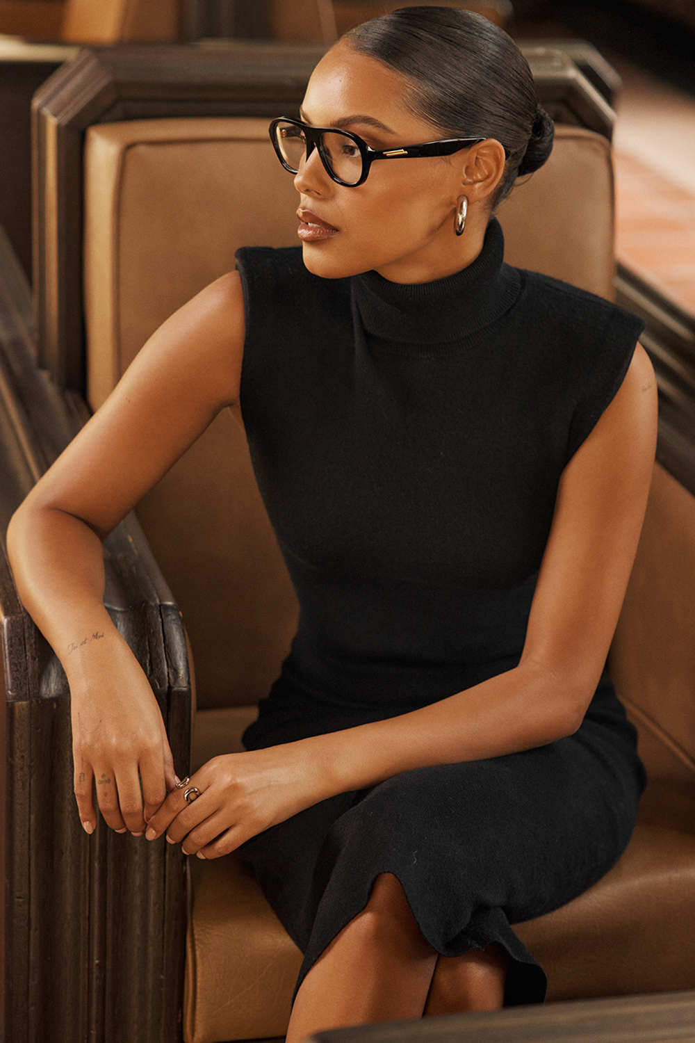 Gaia Black Cashmere Blend Turtle Neck Midi Dress - luluinthesky