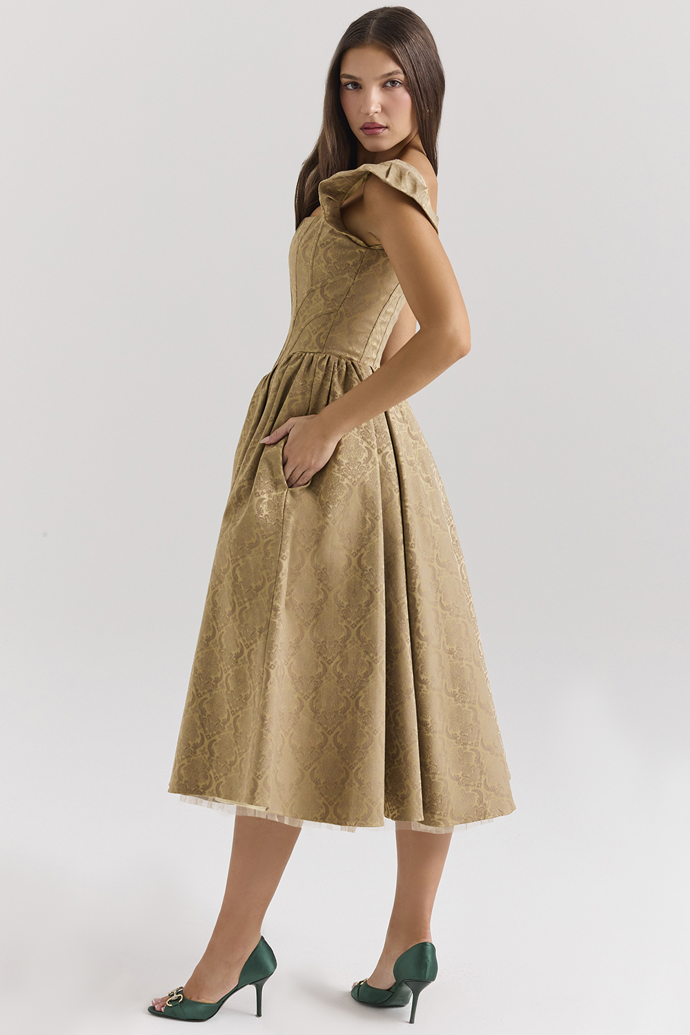 Alessandra Gold Jacquard Midi Dress with Detachable Bow - SALE - luluinthesky