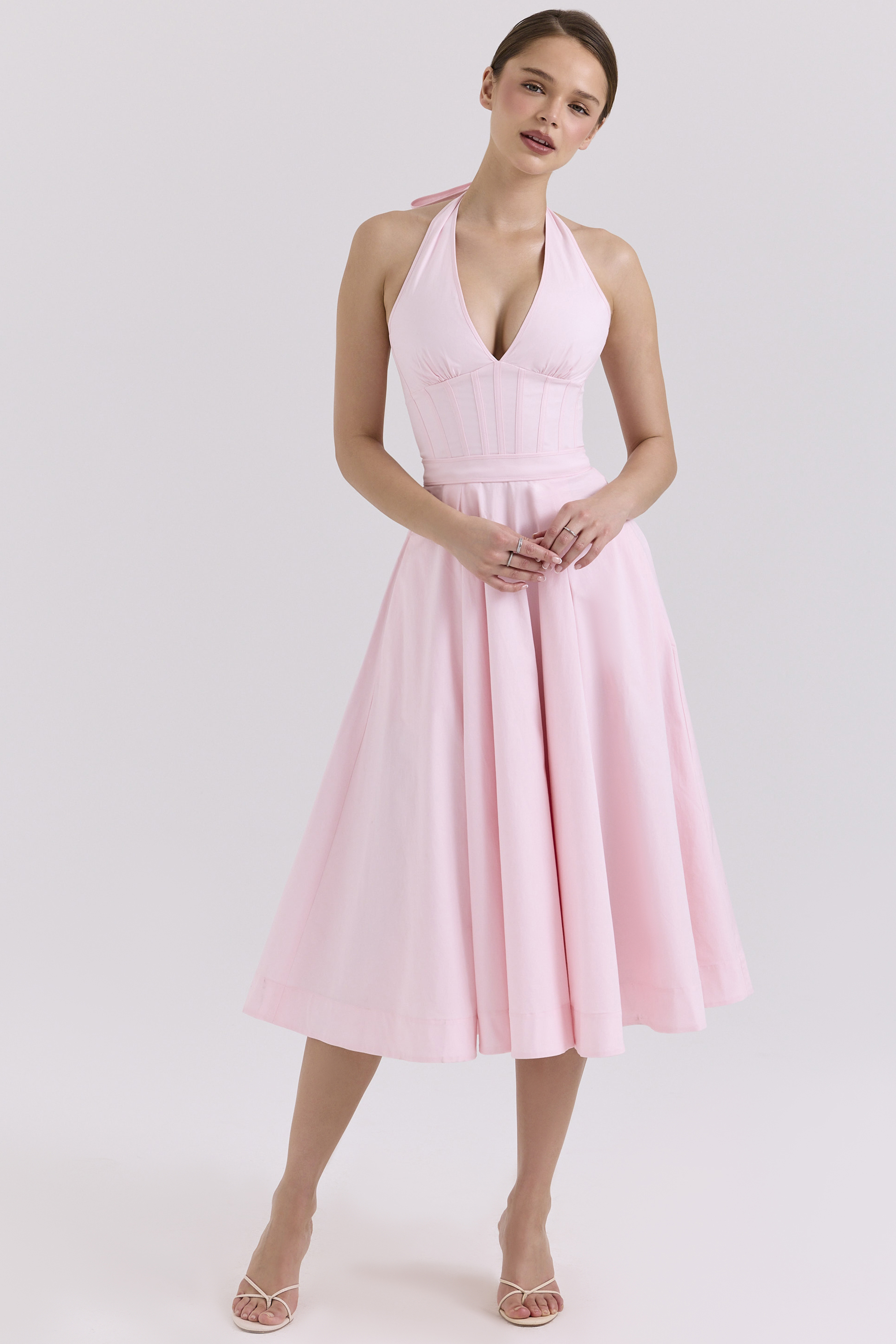 Allena Pink Stretch Cotton Halter Midi Sundress - luluinthesky