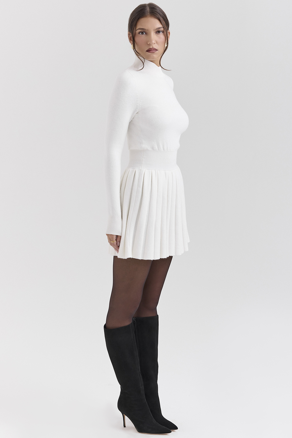 Willow White Cashmere Blend Pleated Skated Mini Dress - luluinthesky