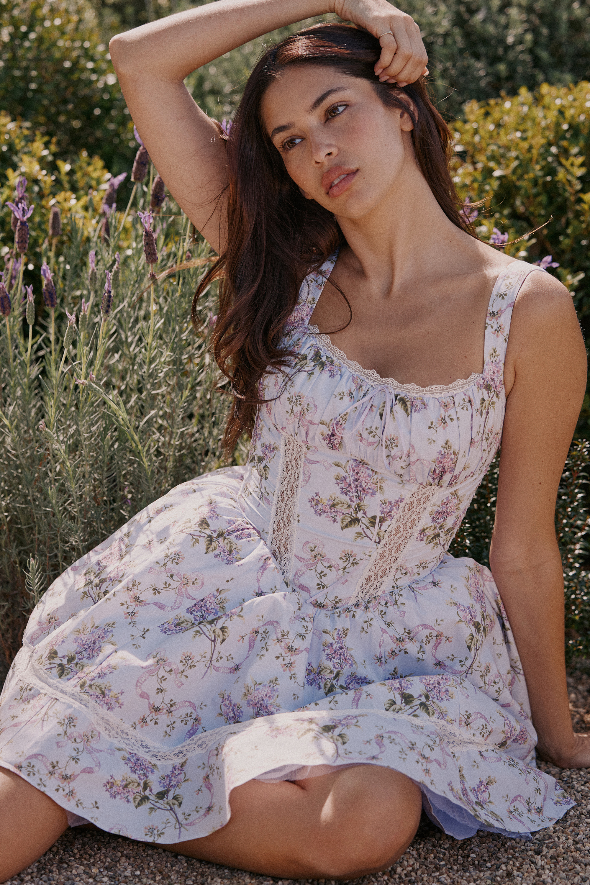 Kimmie Lilac Ribbon Print Cotton Mini Dress - luluinthesky