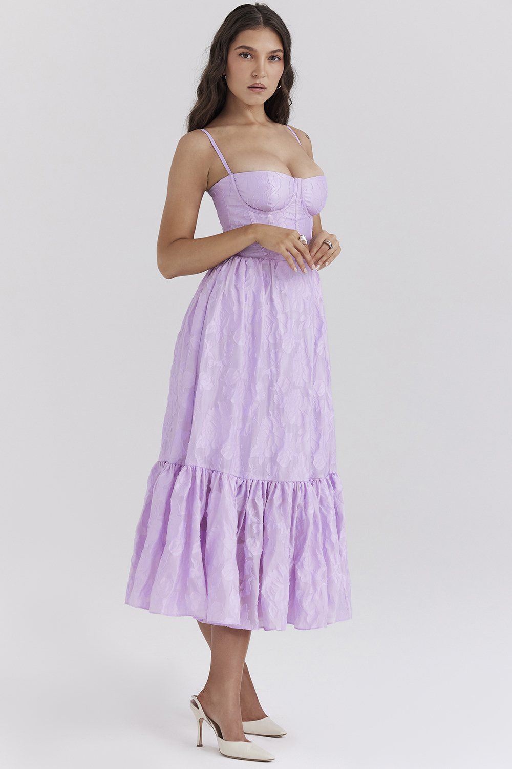 Mira Orchid Floral Jacquard Tiered Midi Dress - luluinthesky