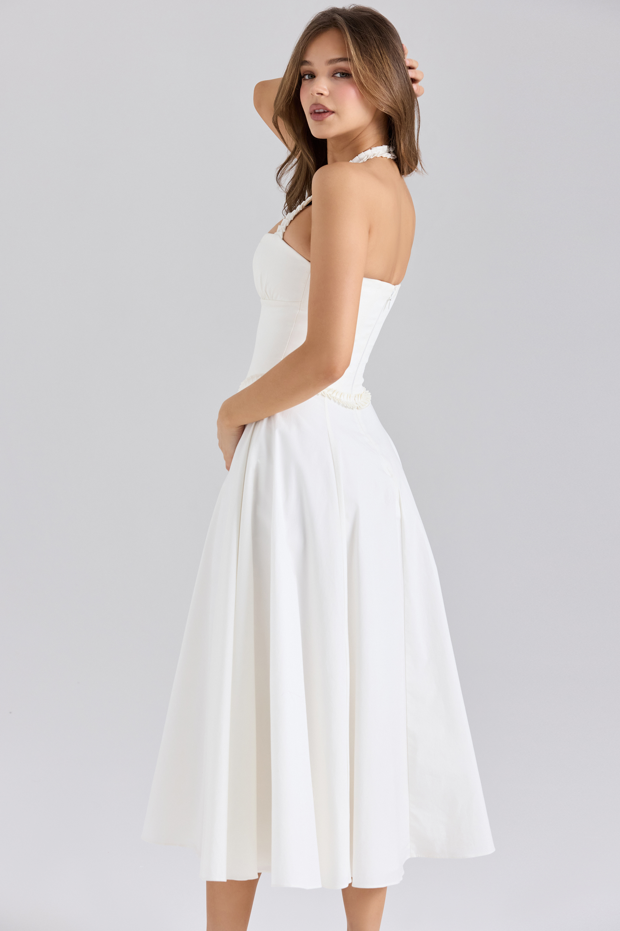 Georgie White Stretch Cotton Halter Neck Midi Dress - luluinthesky