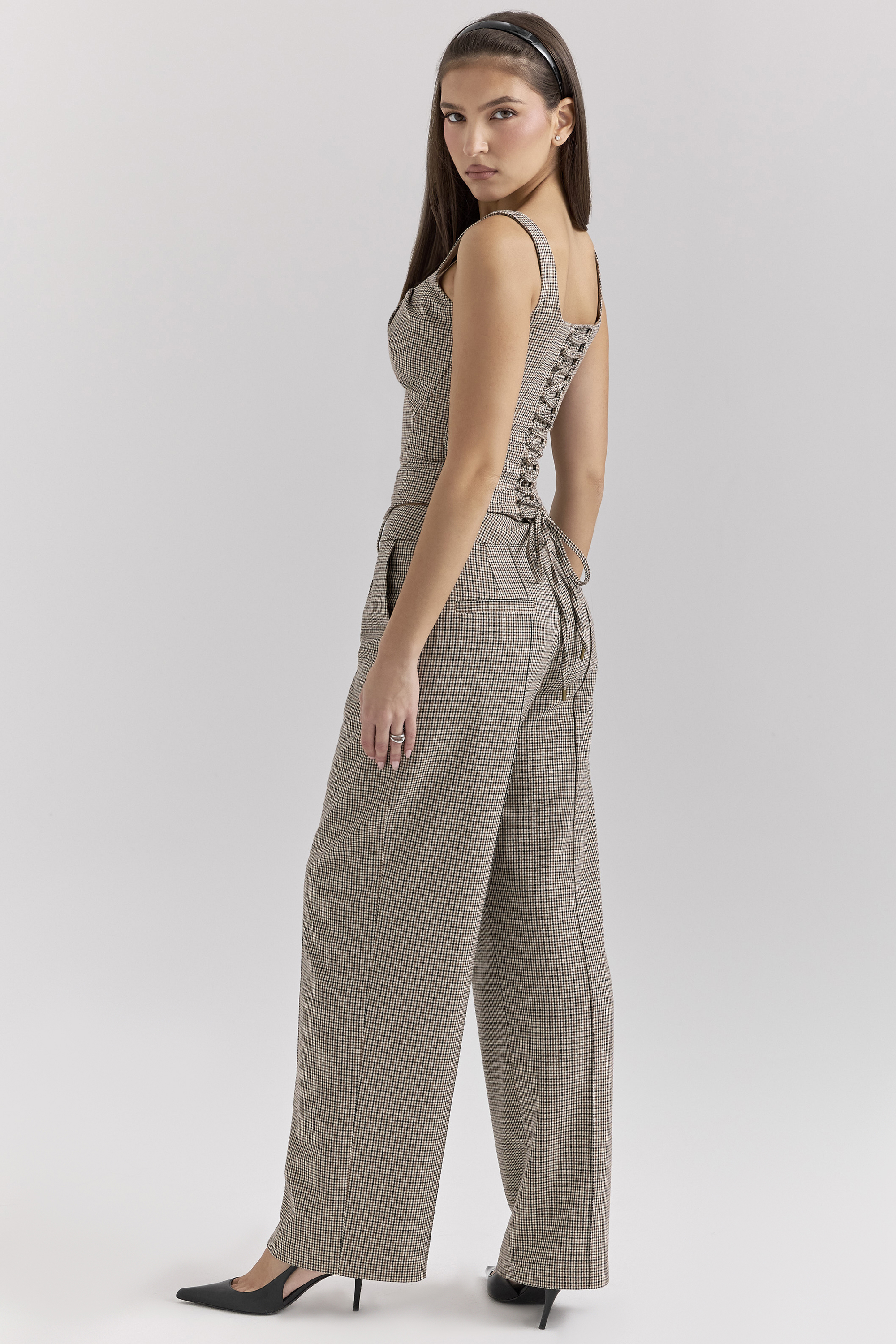 Hayden Brown Puppytooth Wide Leg High Waist Tailored Trousers - luluinthesky