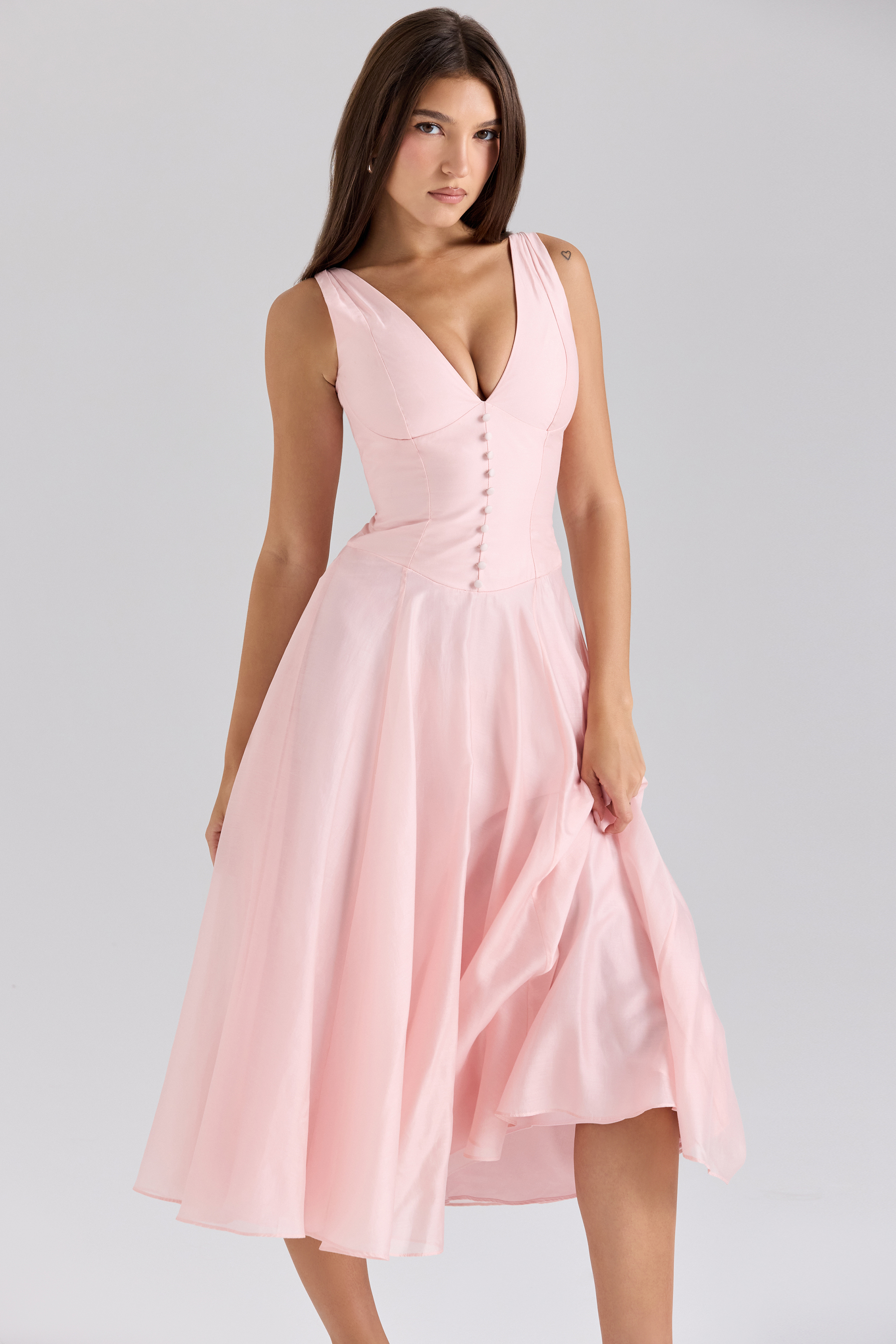 Samira Pink Chiffon Button Midi Dress - luluinthesky