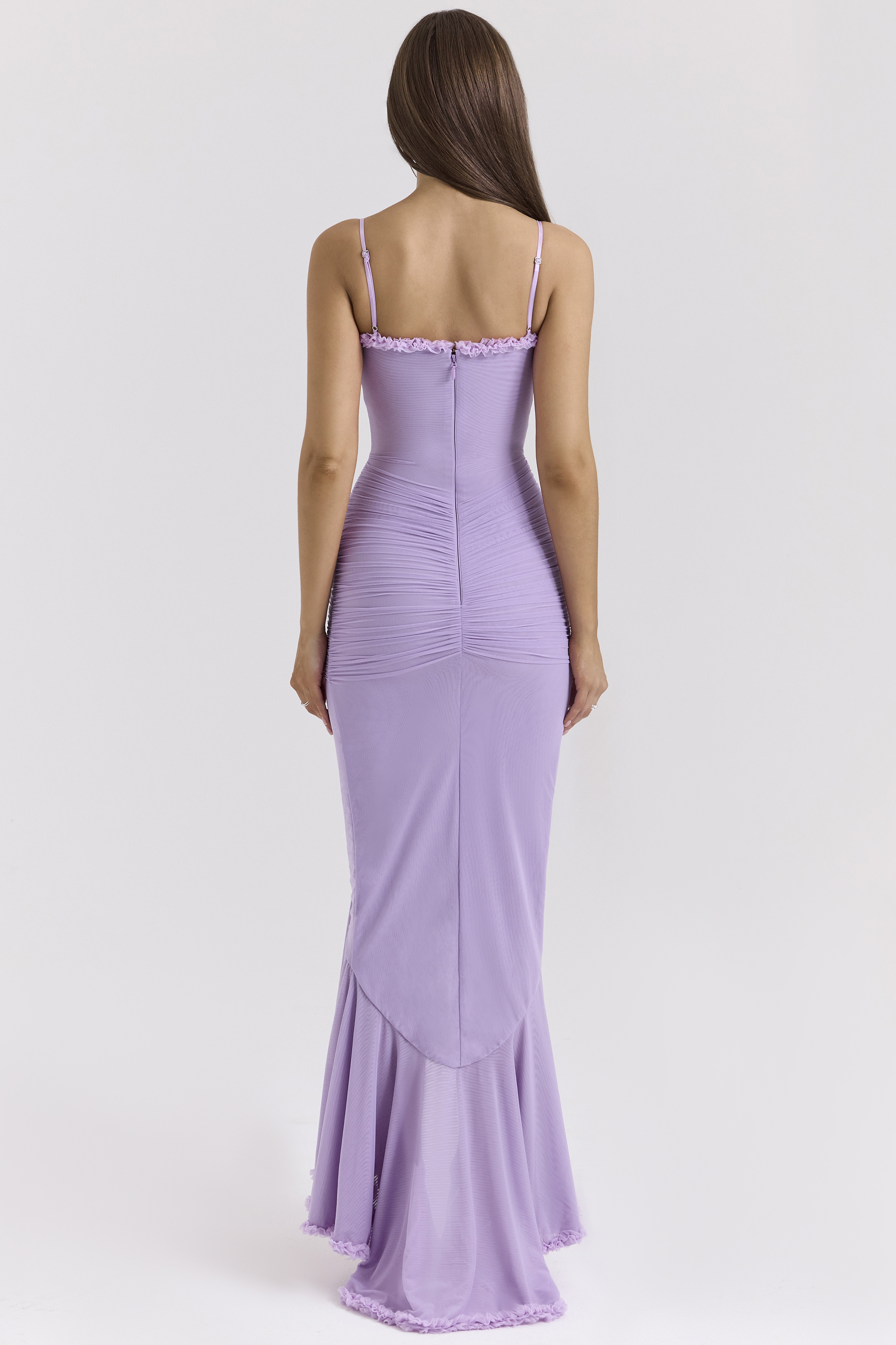 Gabbi Orchid Mesh Ruffled Front Gown - luluinthesky