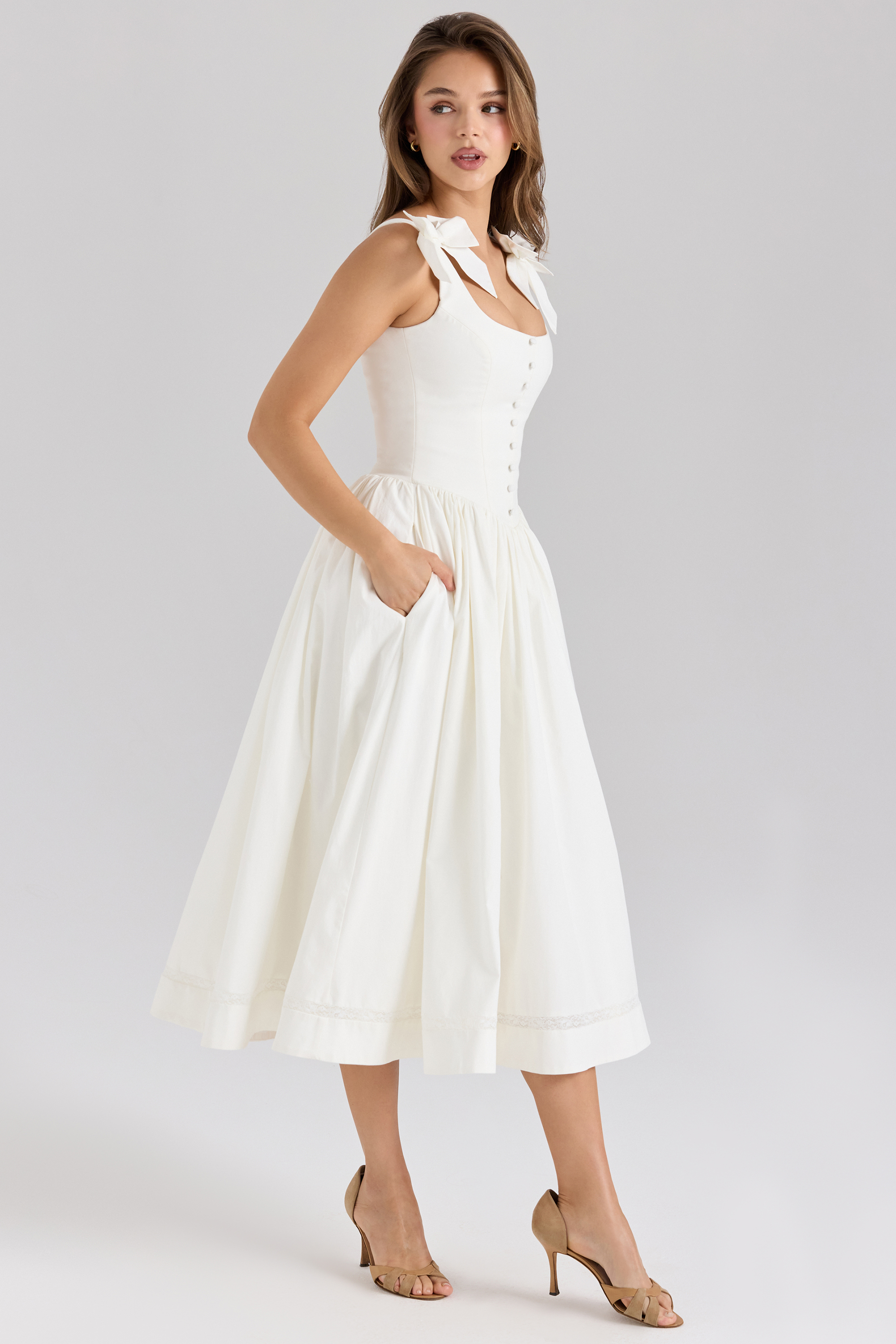 Lillia White Stretch Cotton Bow Midi Dress - luluinthesky