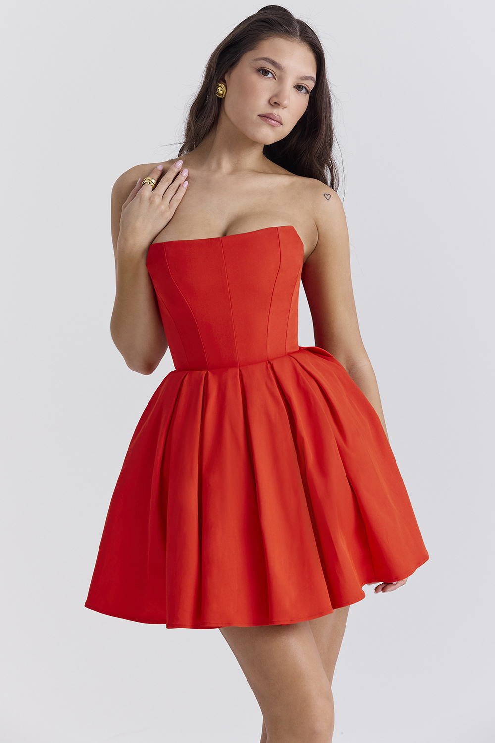 Emmanuela Italian Tomato Strapless Pleated Mini Dress - luluinthesky
