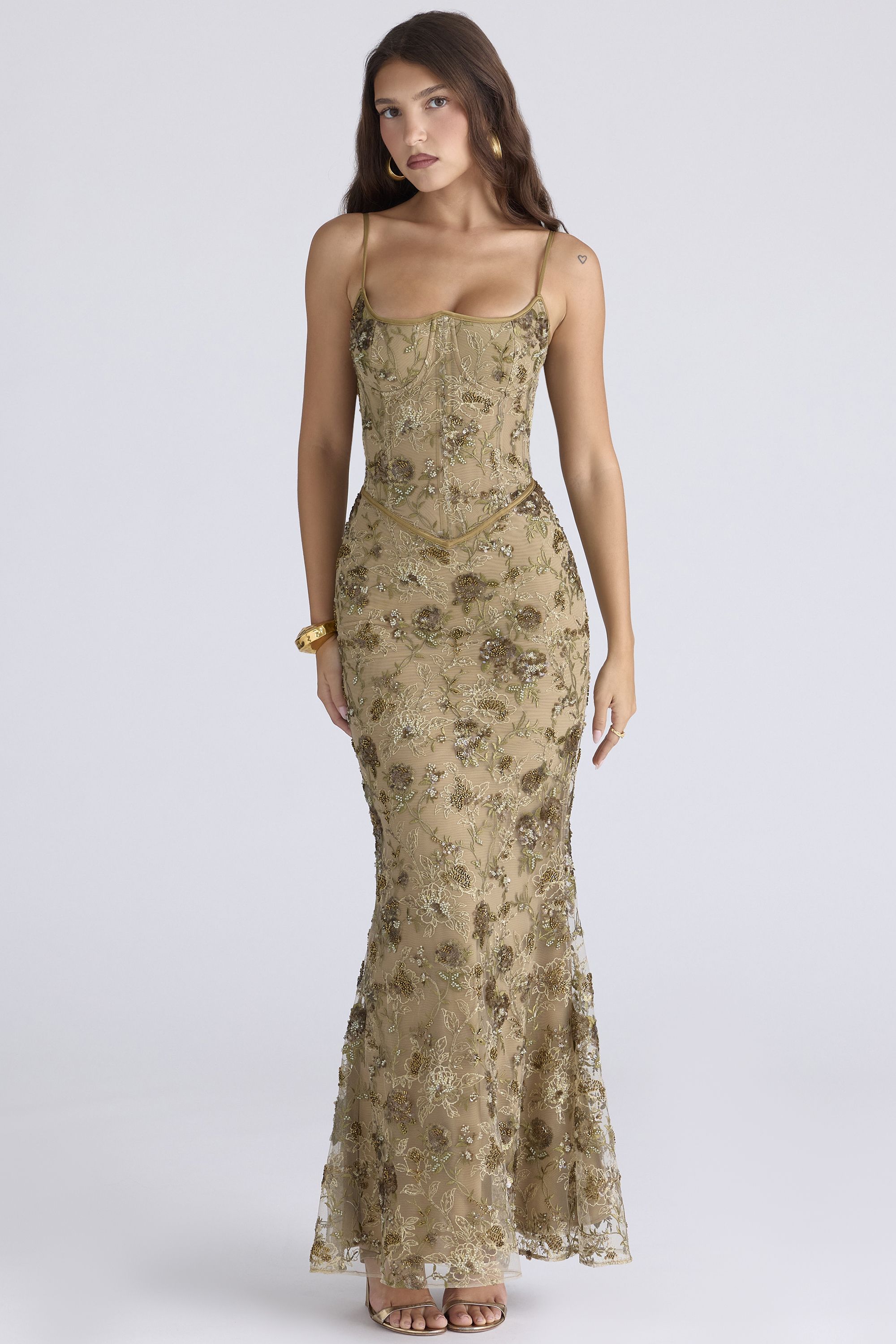 Naima Olive Bronze Hand Beaded Embellished Corset Maxi Dress - Limited Edition - luluinthesky