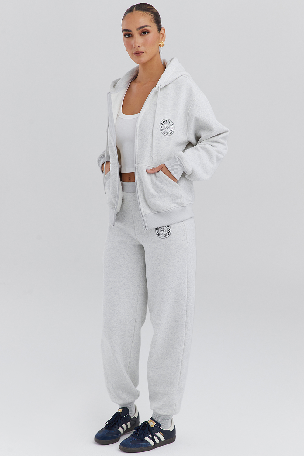 Mirage Light Grey Marl Cotton Fleece-Back Zip Through Hoodie - luluinthesky