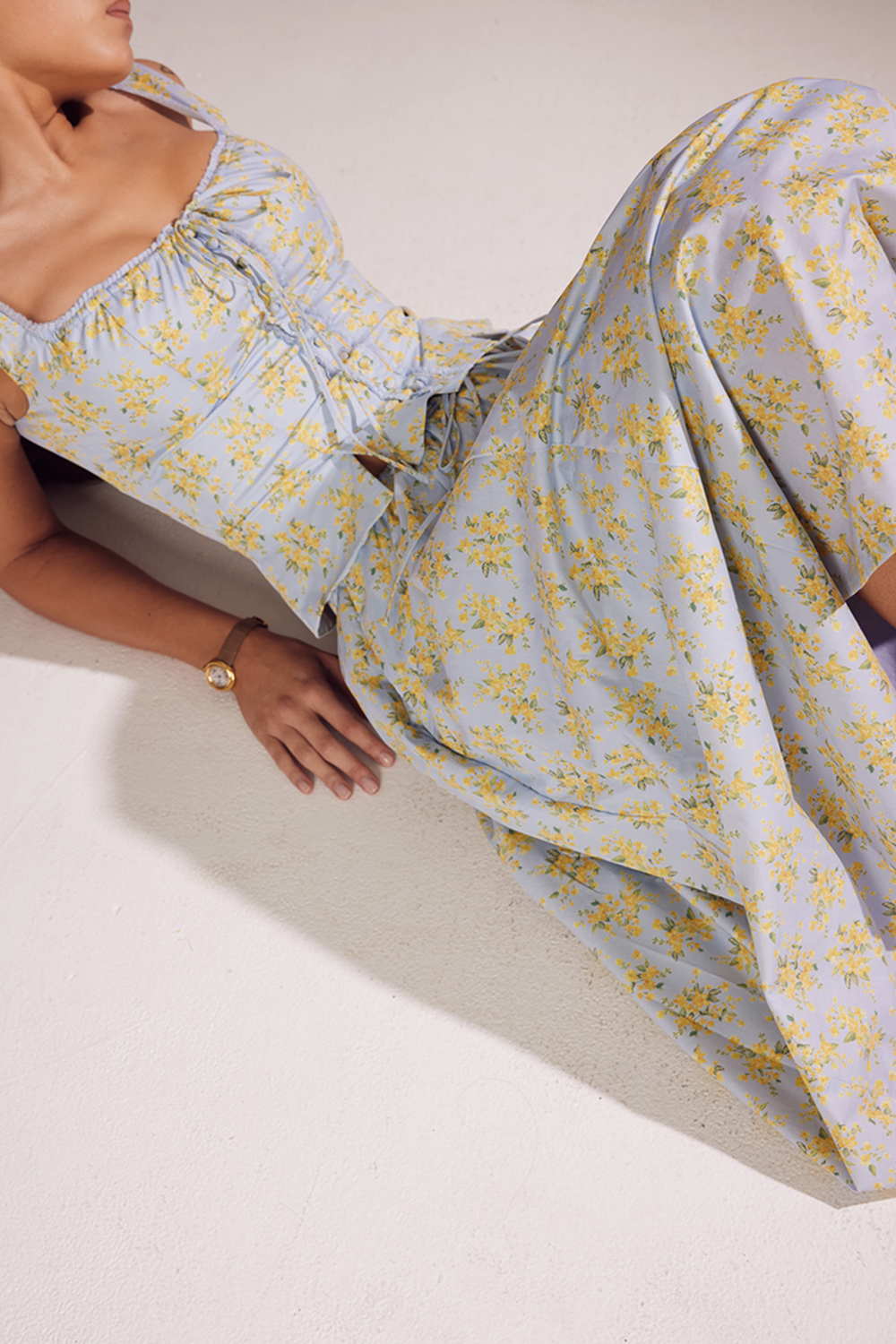 Cora Soft Blue Vintage Floral Print Cotton Midi Skirt - luluinthesky