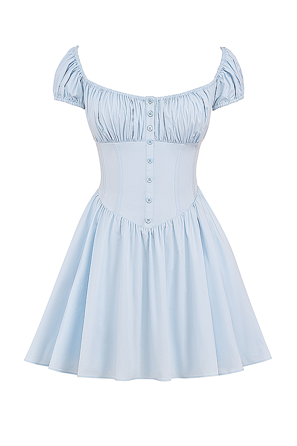 Nala Soft Blue Cotton Gathered Mini Dress - luluinthesky