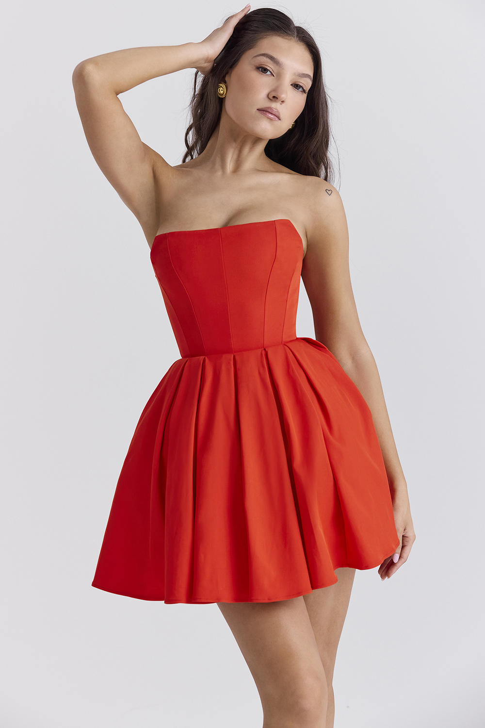 Emmanuela Italian Tomato Strapless Pleated Mini Dress - luluinthesky
