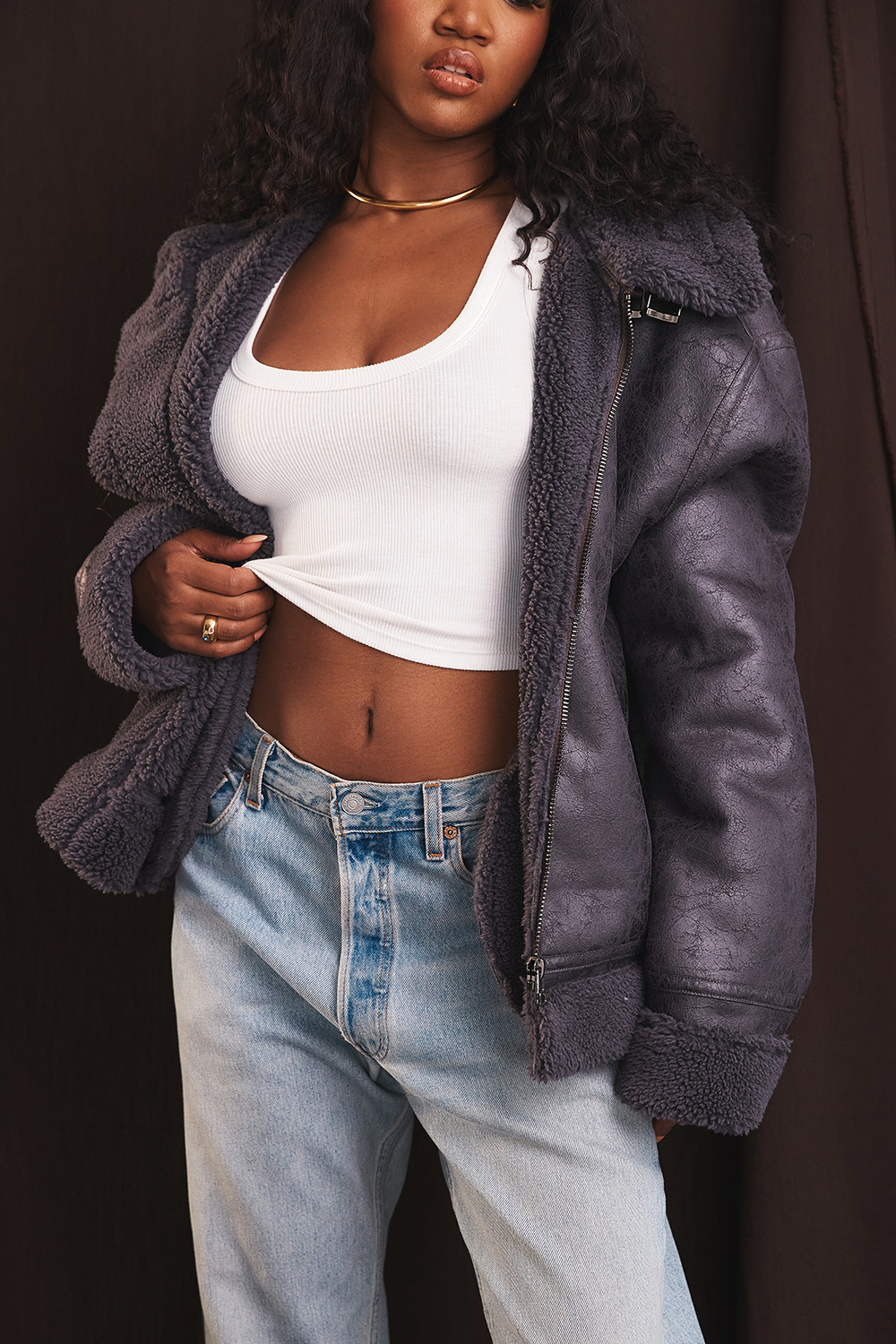 Madden Grey Vegan Shearling Aviator Jacket - luluinthesky