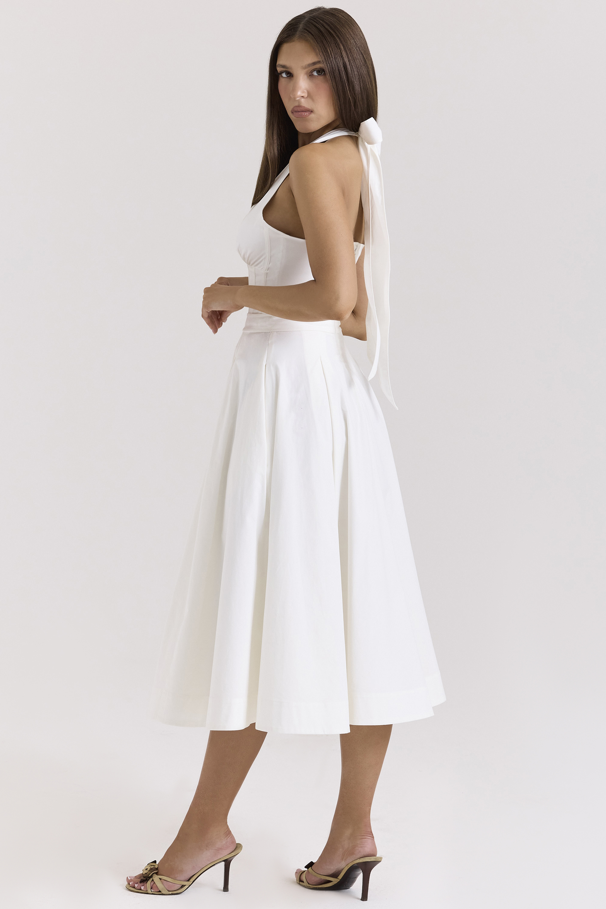 Allena White Stretch Cotton Halter Midi Sundress - luluinthesky