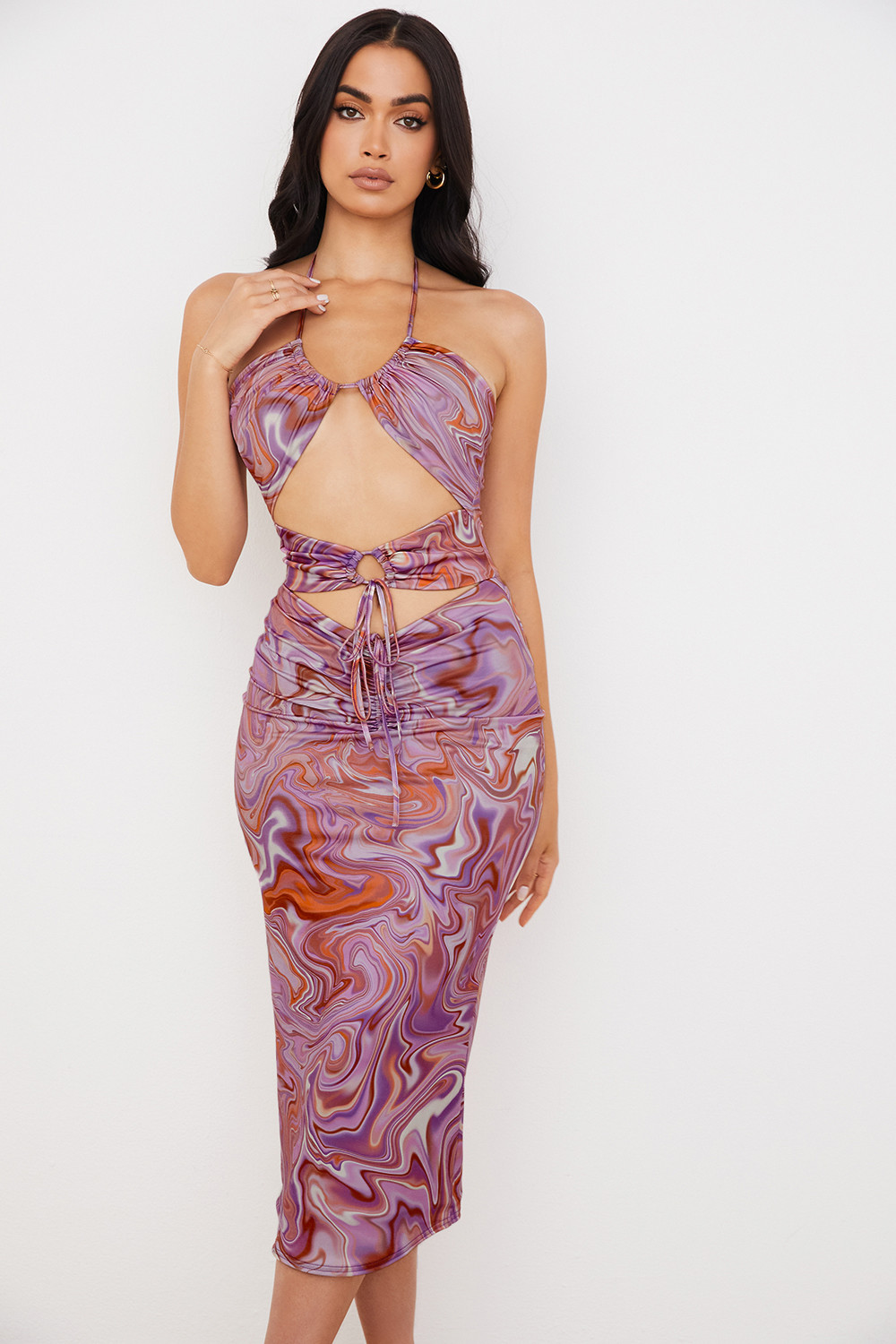 Kasia Purple Swirl Cutout Midi Dress - luluinthesky