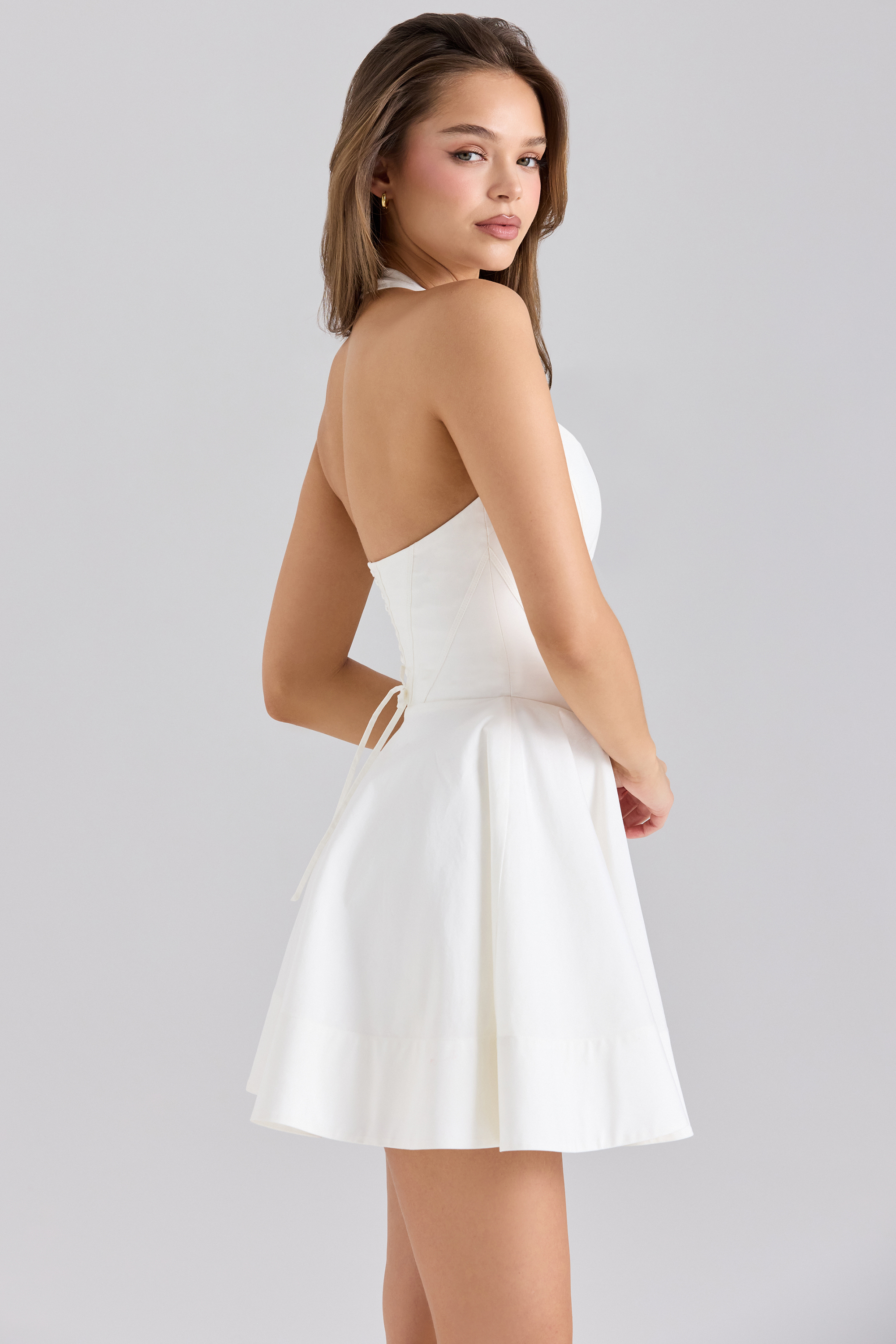 Sasha White Stretch Cotton Halter Neck Mini Dress - luluinthesky