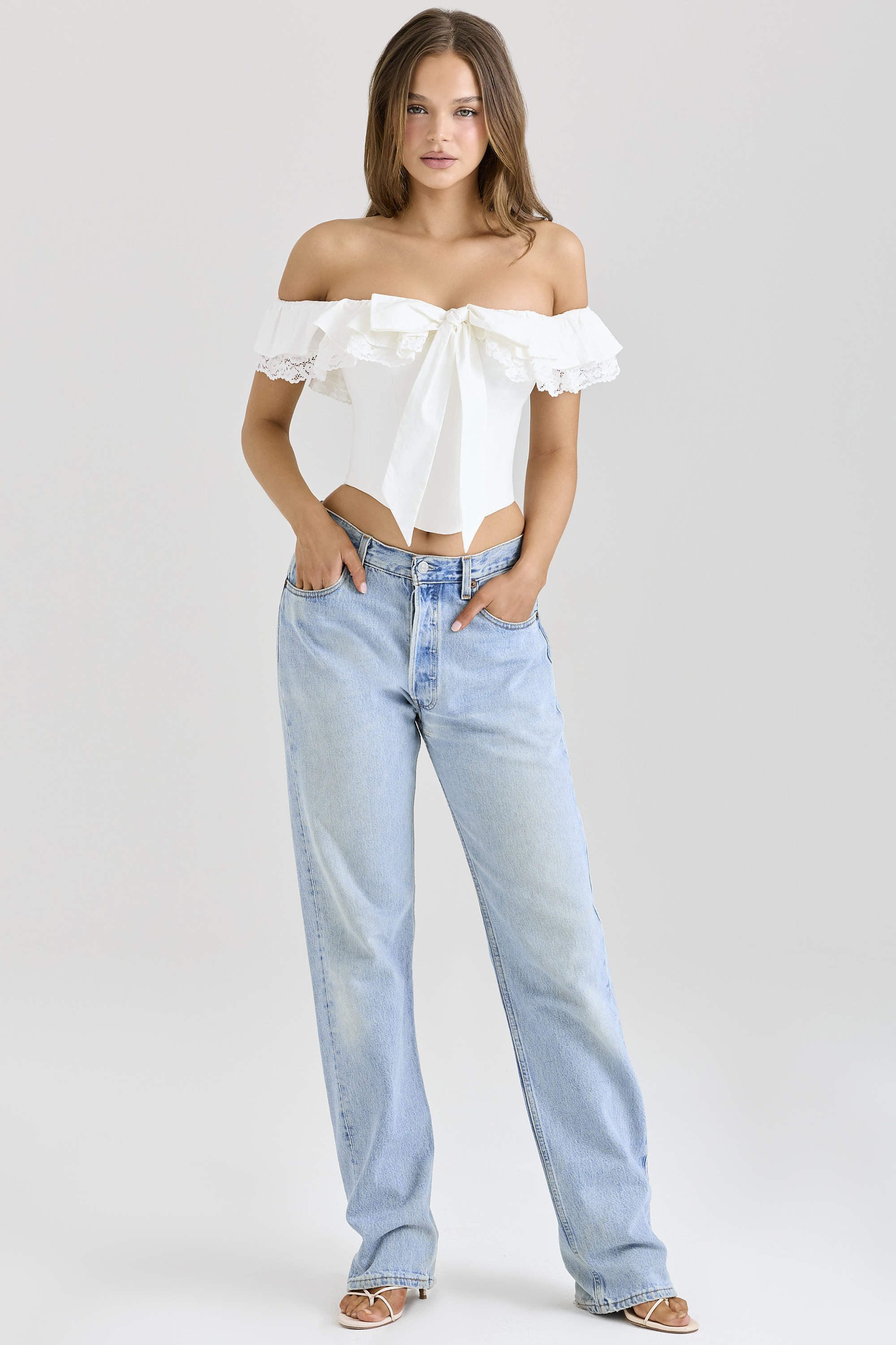 Aria White Stretch Cotton Off-The-Shoulder Frill Corset - luluinthesky