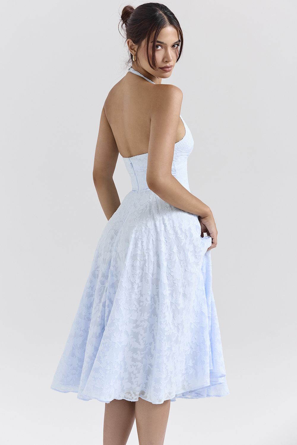 Arietta Bluebell Floral Jacquard Halter Midi Dress - luluinthesky