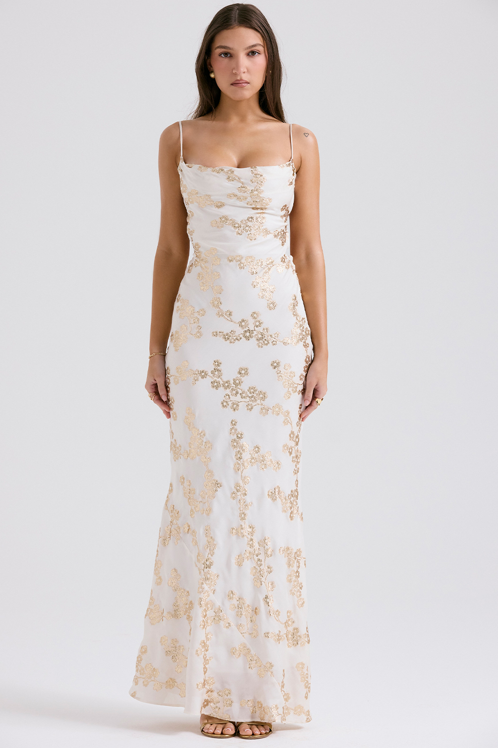 Capriana White & Gold Jacquard Satin Gown - luluinthesky