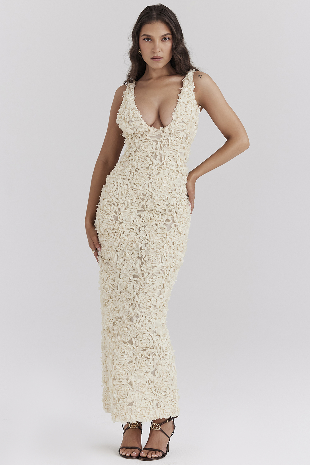 Carena Creme Plunge Floral Appliqué Maxi Dress - luluinthesky