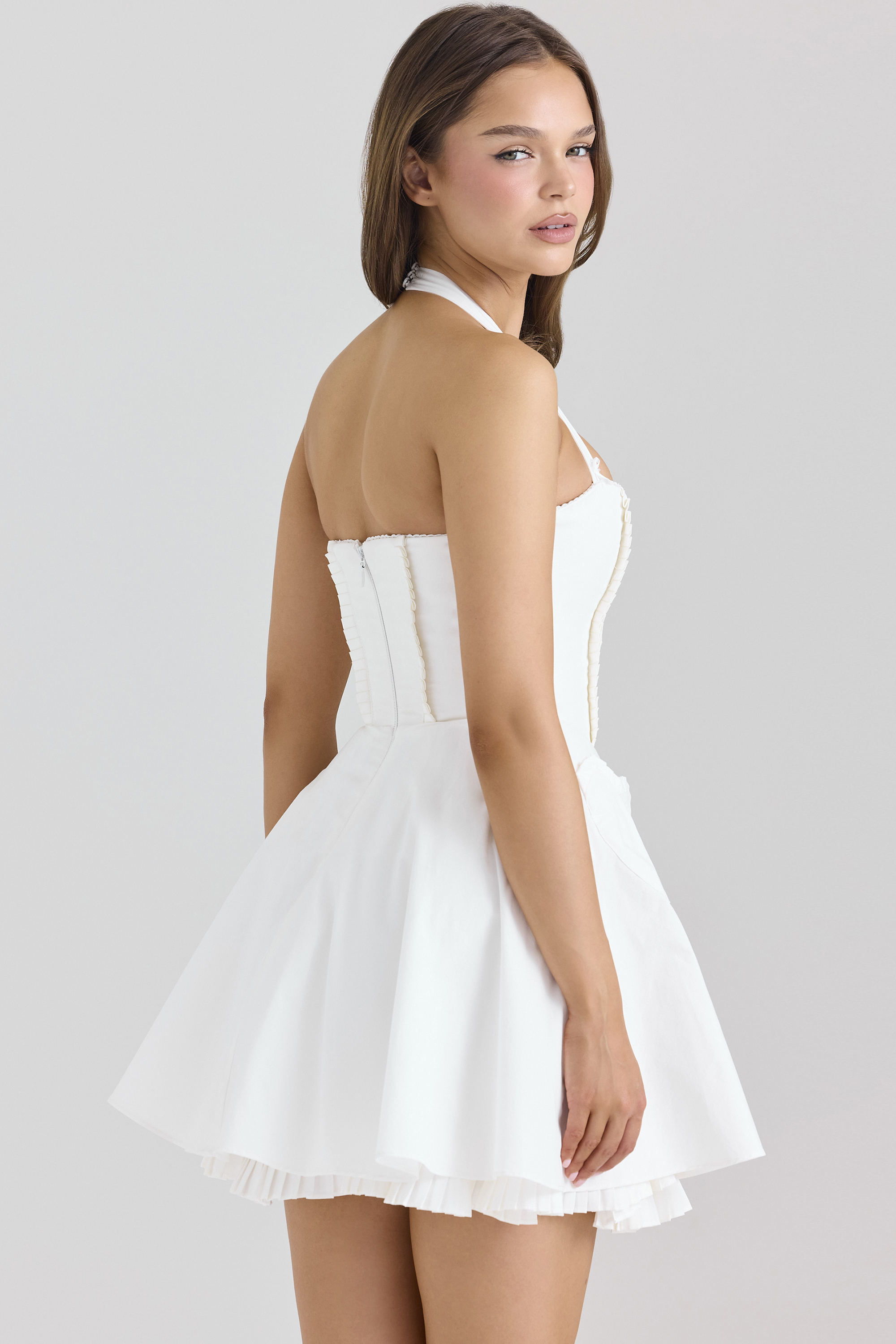 Heidi White Stretch Cotton Halter Neck Mini Dress - luluinthesky