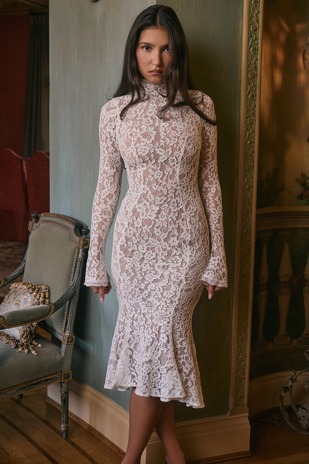 Sophia Vintage Ivory Lace Fitted Midi Dress - luluinthesky