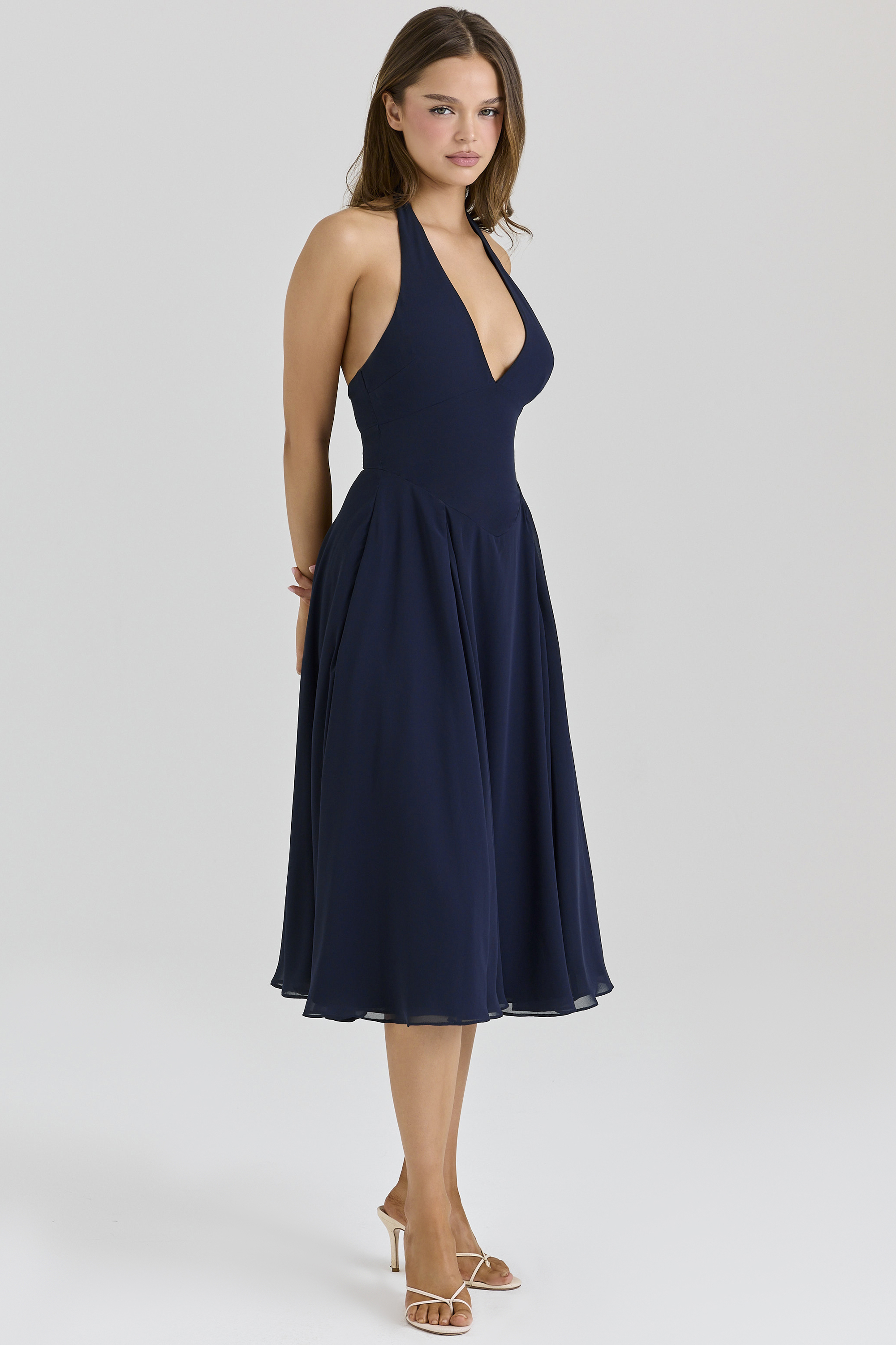 Solada Navy Georgette Halter Midi Dress - luluinthesky