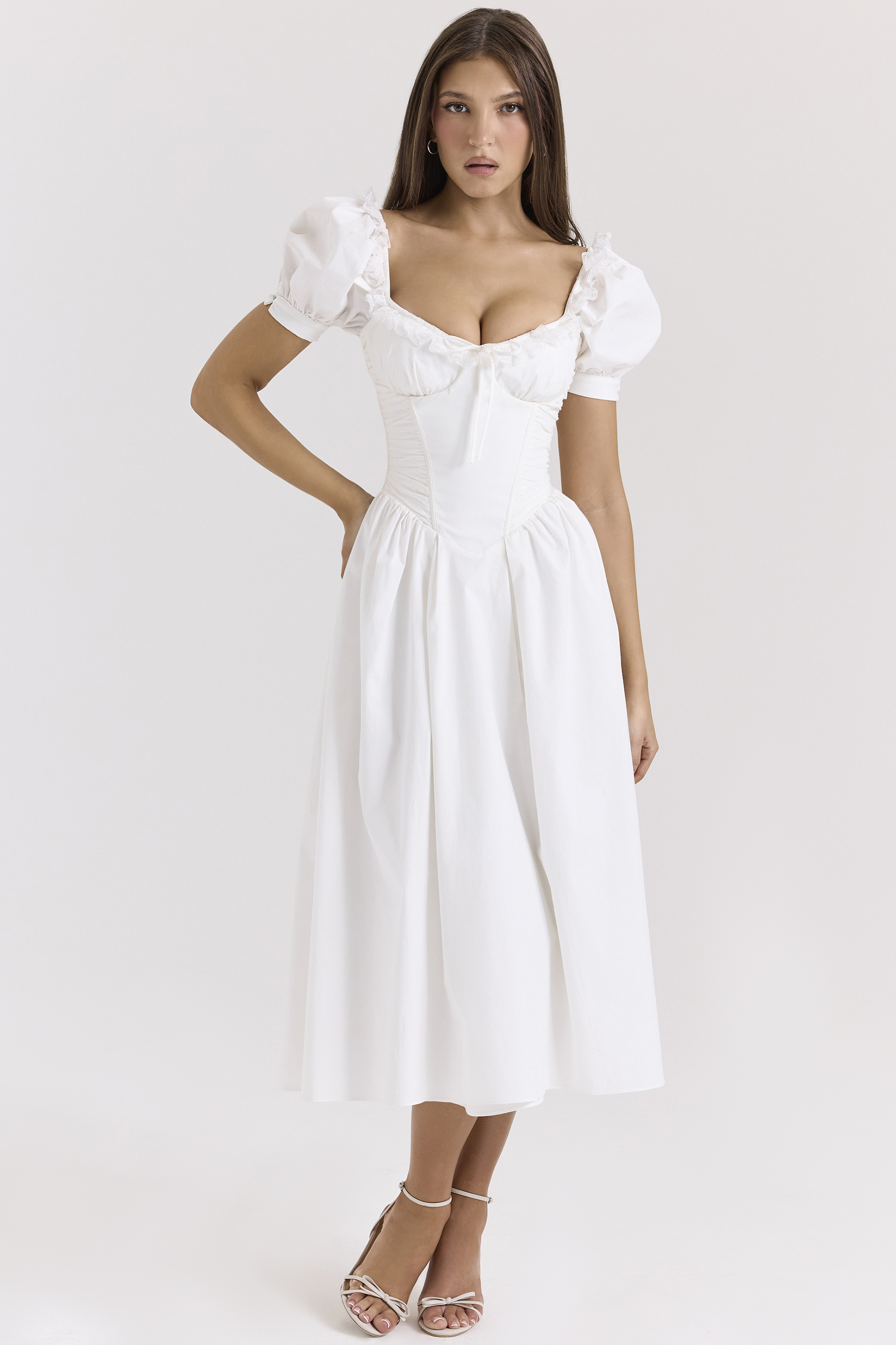 Lulabell White Stretch Cotton Puff Sleeve Midi Dress - luluinthesky