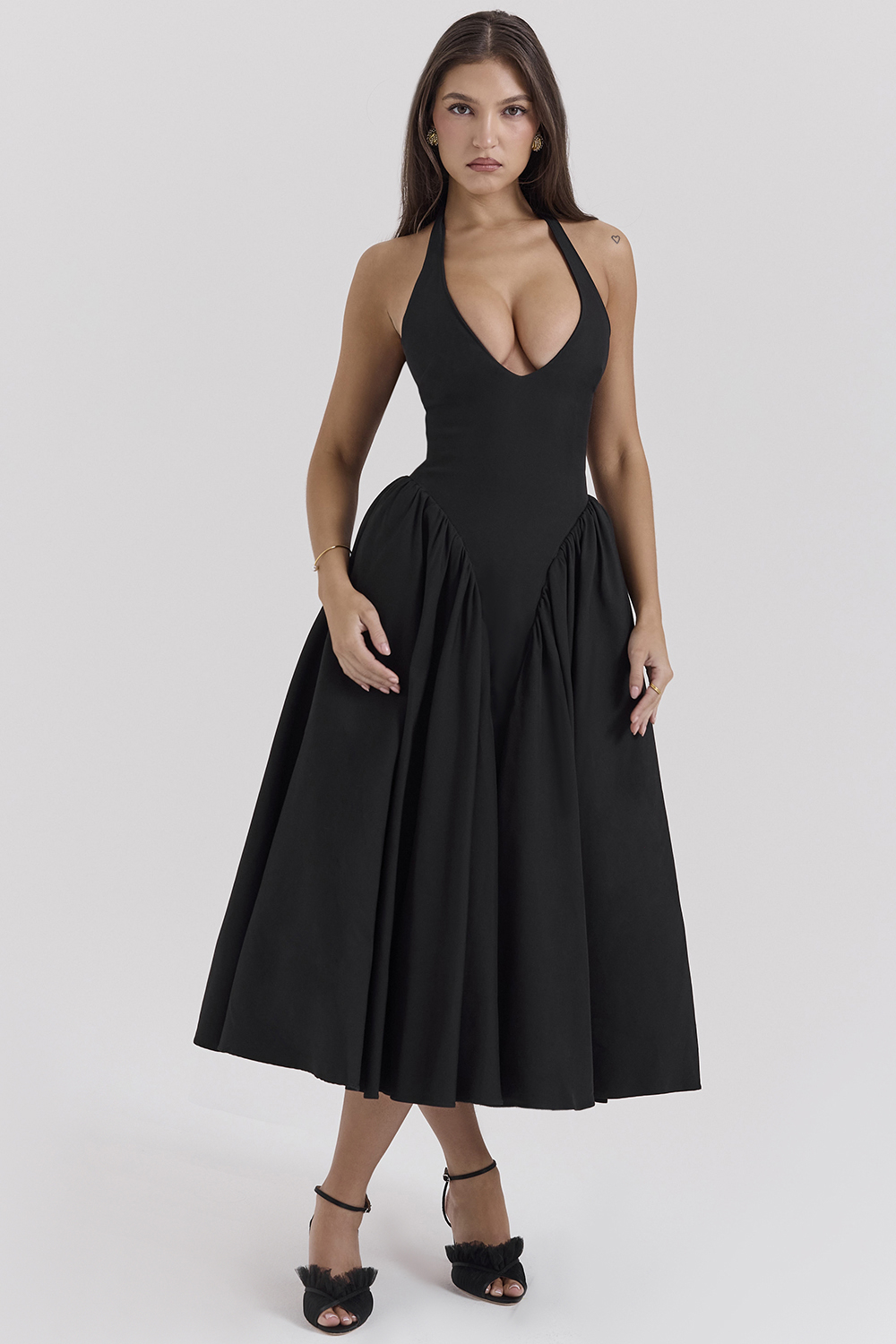 Marilyn Black Twill Halter Midi Dress - luluinthesky