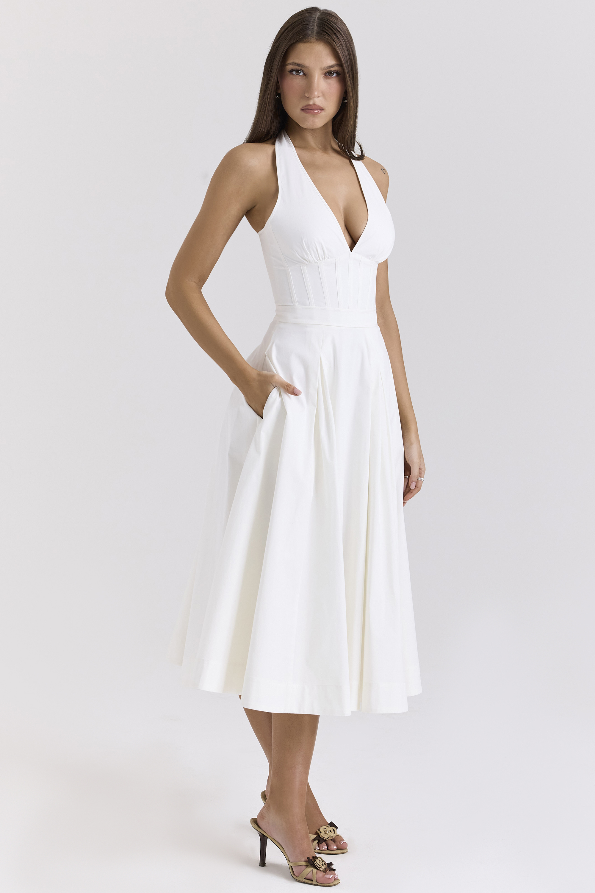 Allena White Stretch Cotton Halter Midi Sundress - luluinthesky