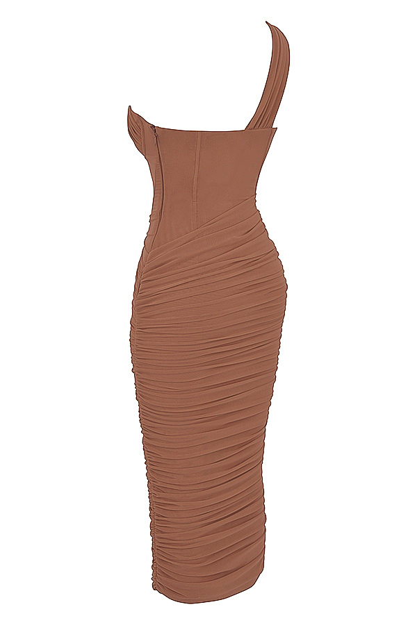 Valentina Mocha Asymmetric Cutout Midi Dress - luluinthesky