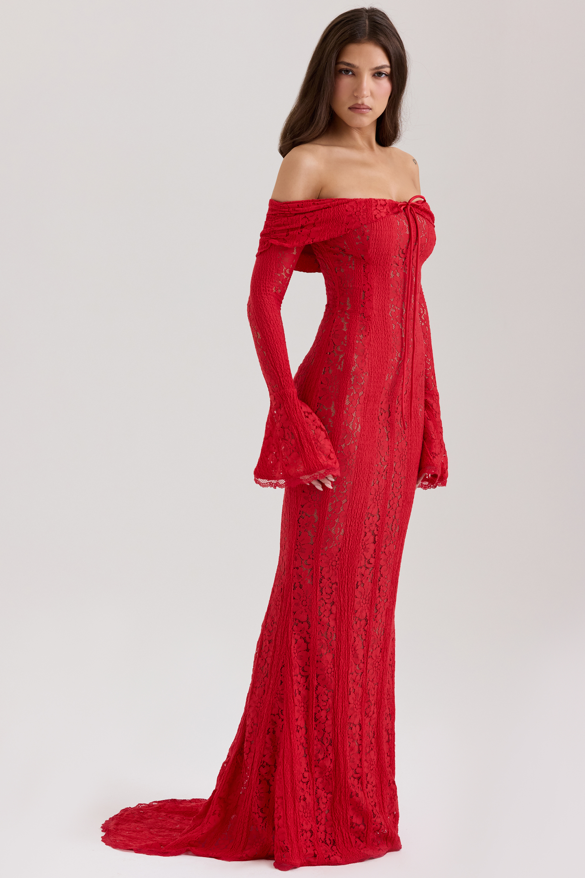 Belle Red Off Shoulder Floral Lace Maxi Dress - luluinthesky