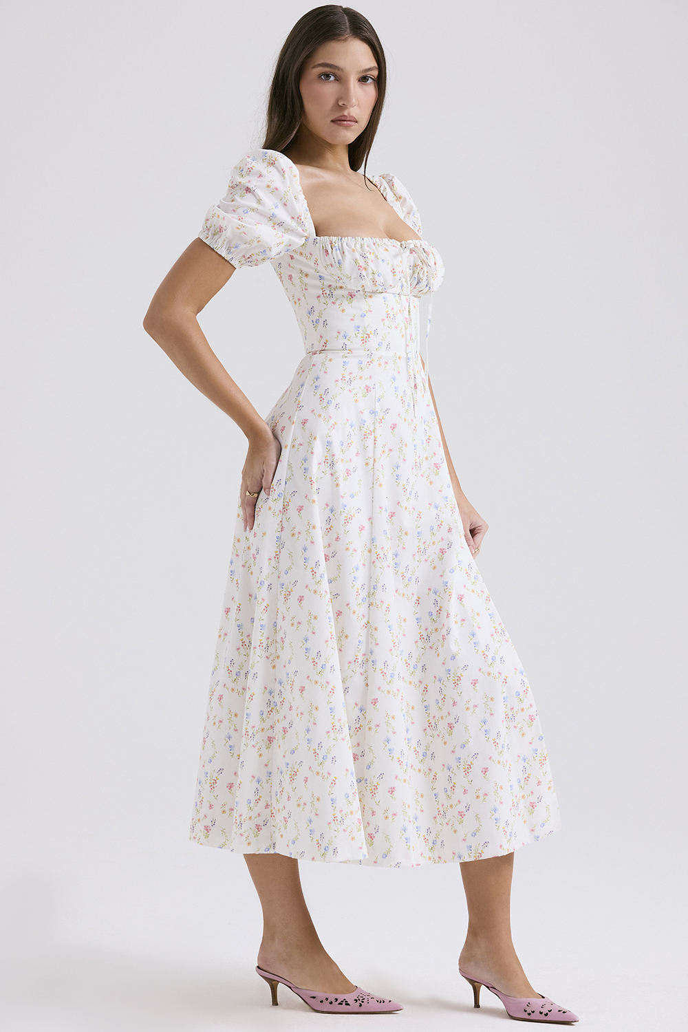 Tallulah White Posy Print Cotton Puff Sleeve Midi Sundress - luluinthesky